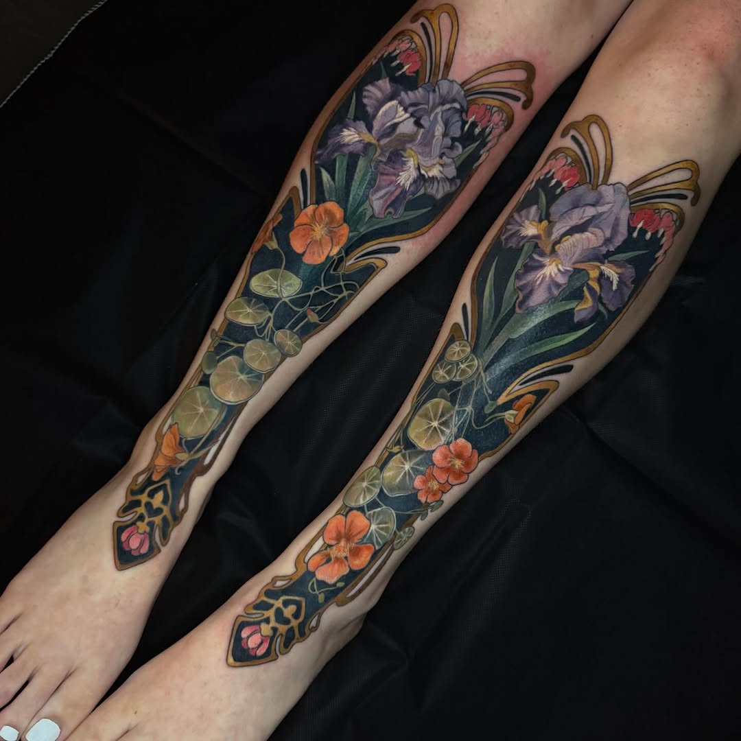 Neo-traditional tattoo on the calf by Paige Hudon, Chicago, Illinois