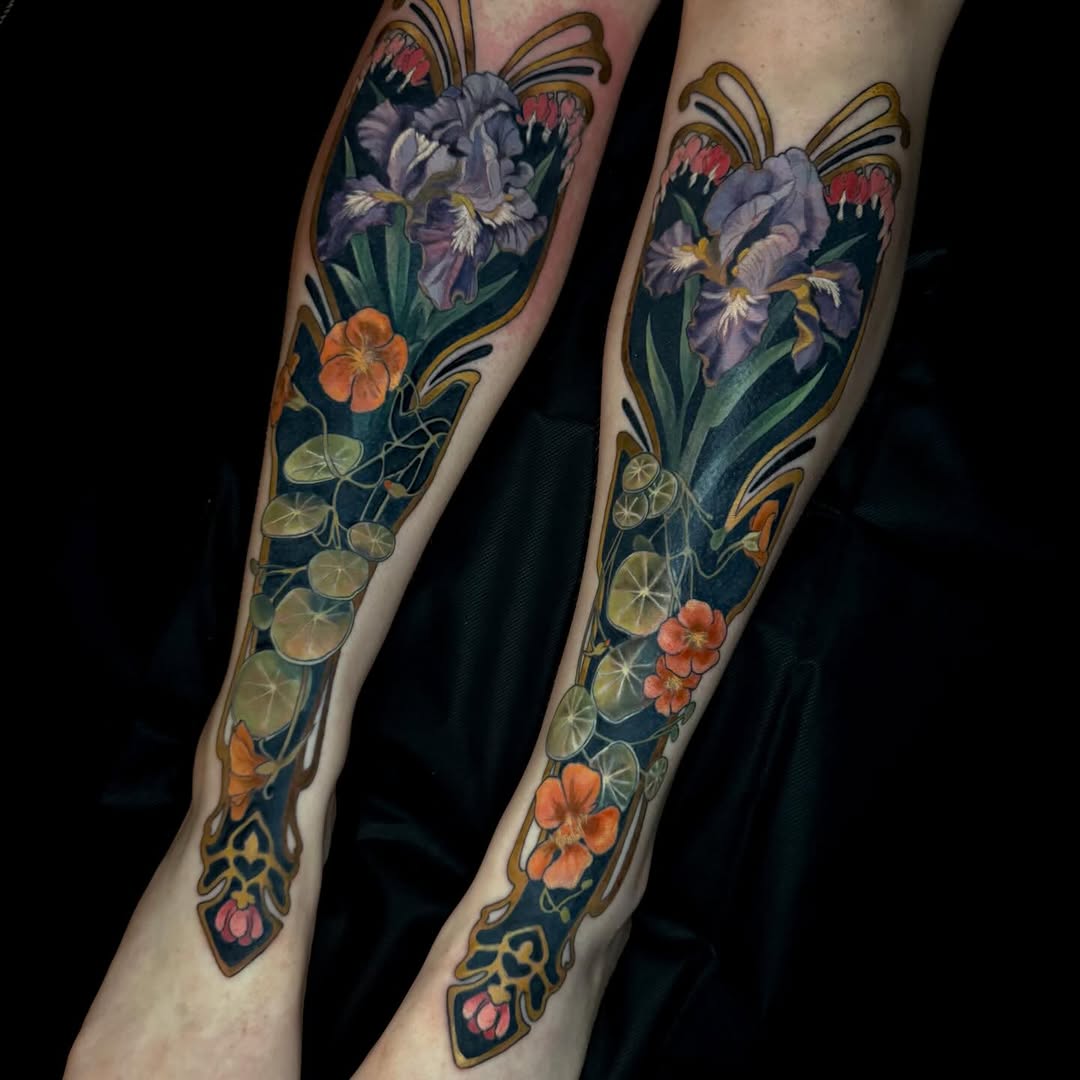 Irises and nasturtiums neo-traditional tattoo on the forearm by Paige Hudon, Chicago, Illinois