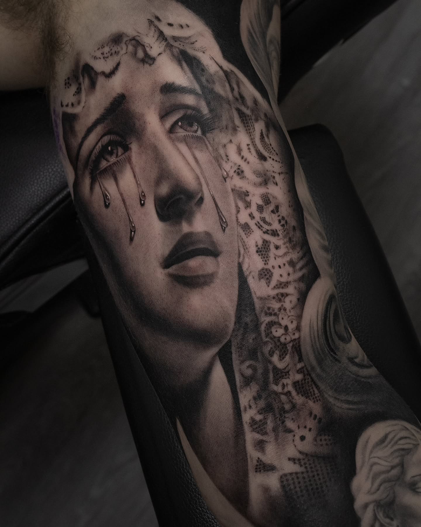 Tattoo by @glitchnstein β realism, black_and_grey