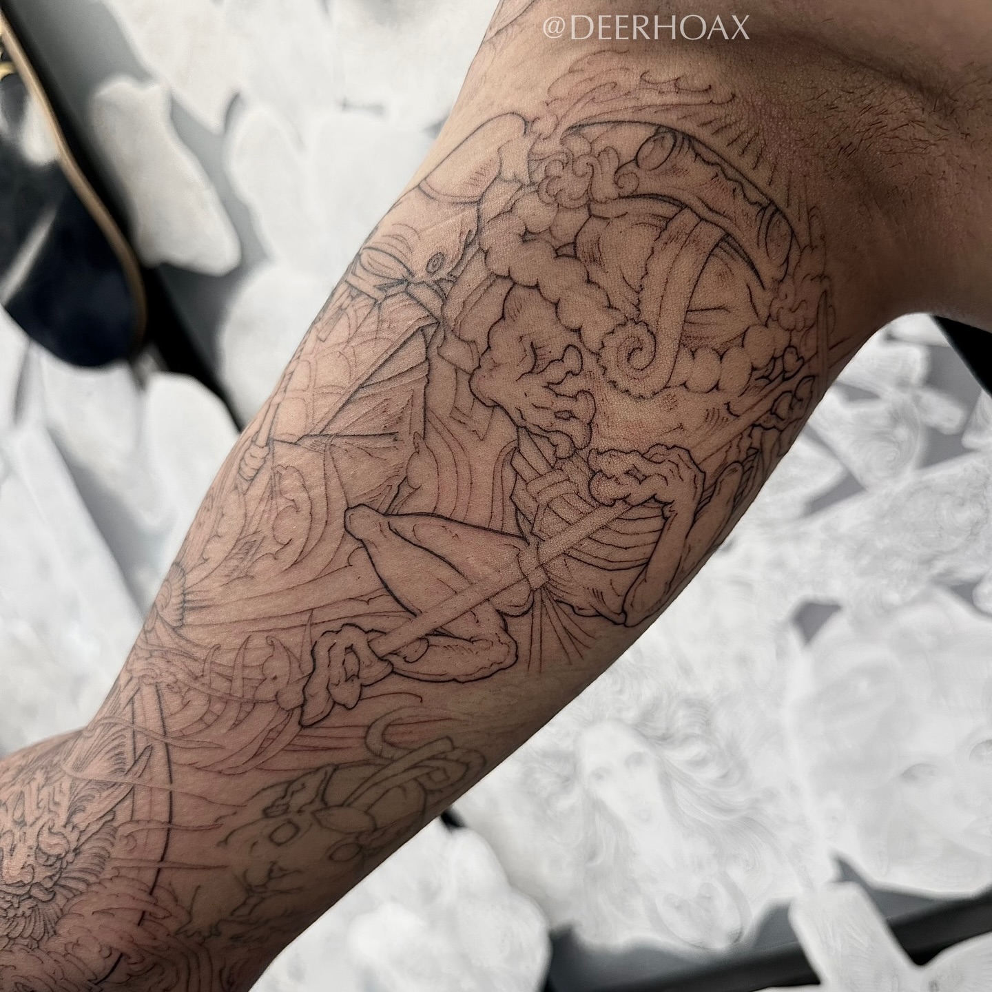 Mythical creature black and grey tattoo on the forearm by Mary "Baby Hands" Kulvete