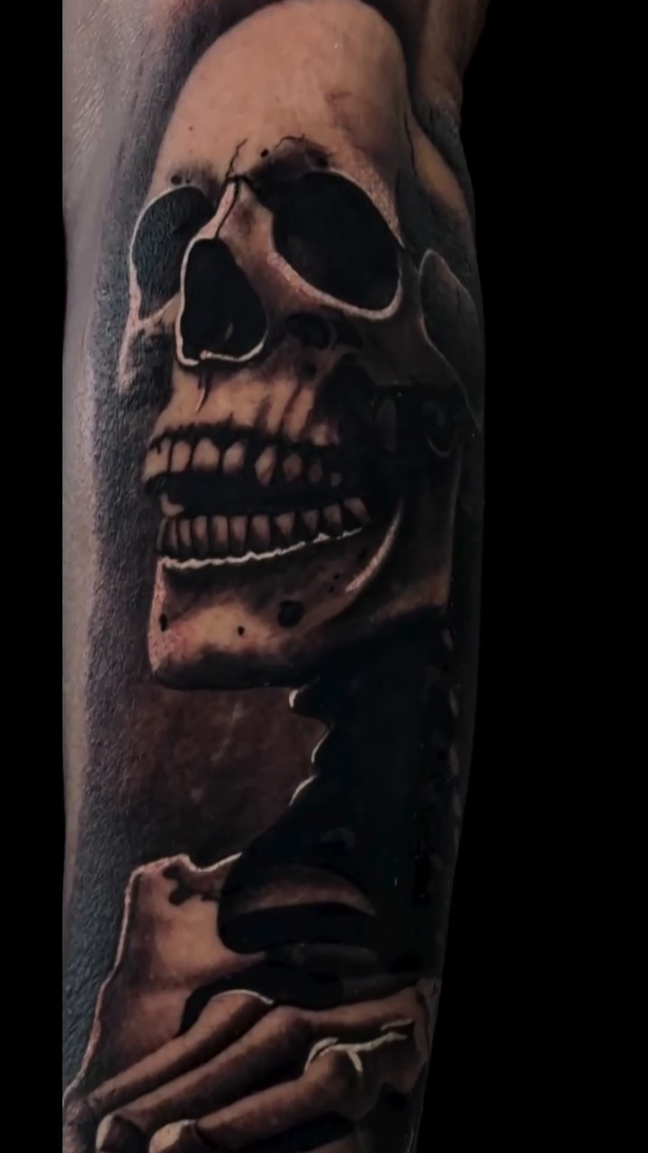 Skull and skeleton hands playing chess realism tattoo by caleb coley