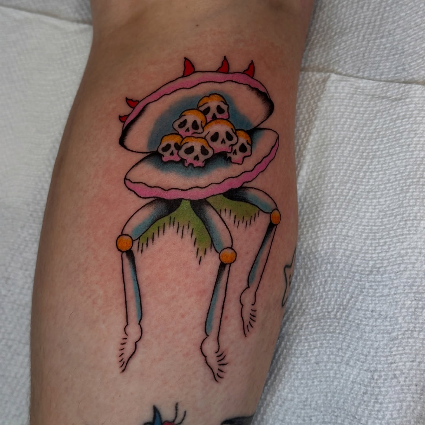 Mushroom with skulls trash polka tattoo on the forearm by Gabriel F Kingston Beitia