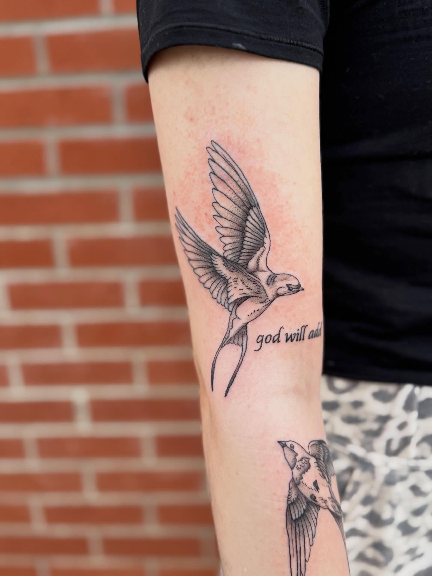 Bird black and grey tattoo on the forearm by Aly Rucker, Murfreesboro, Tennessee