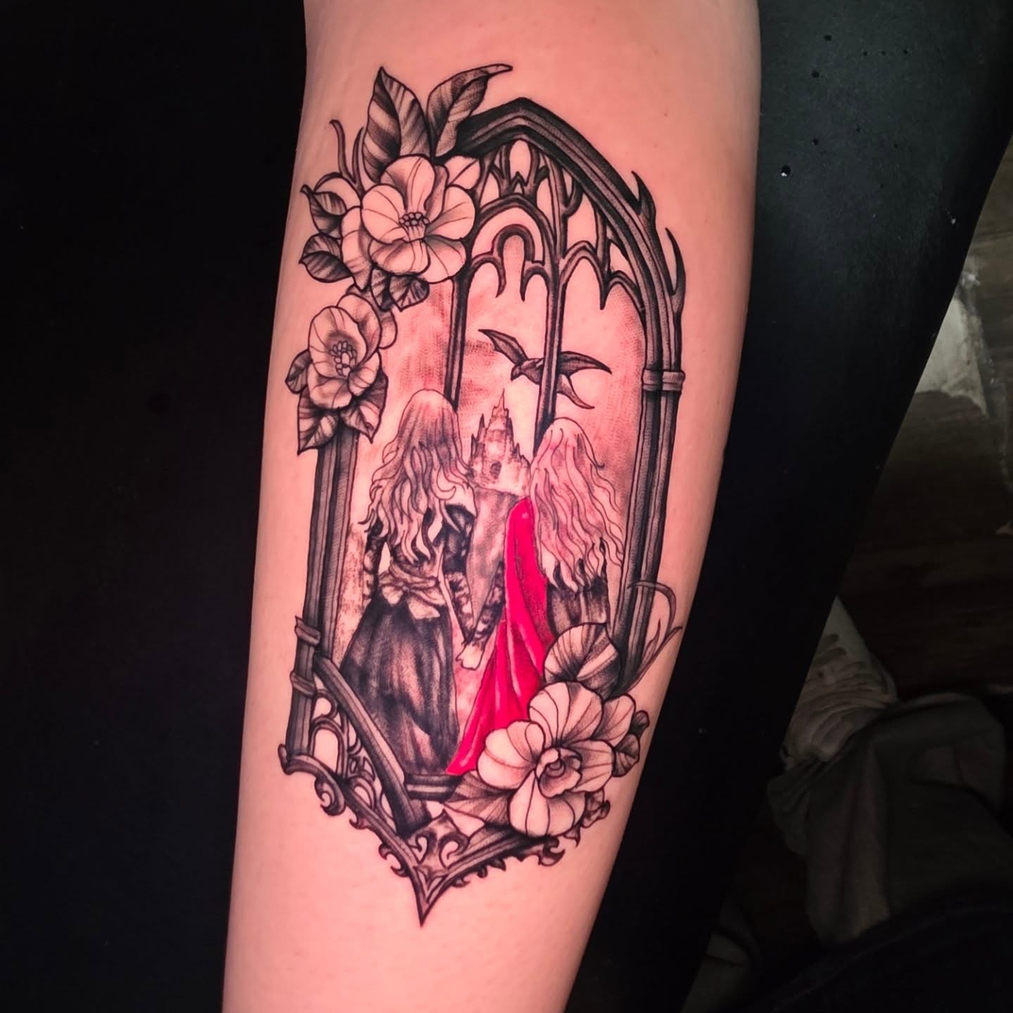 Castle and women dark realism tattoo on the forearm by komik tattoos