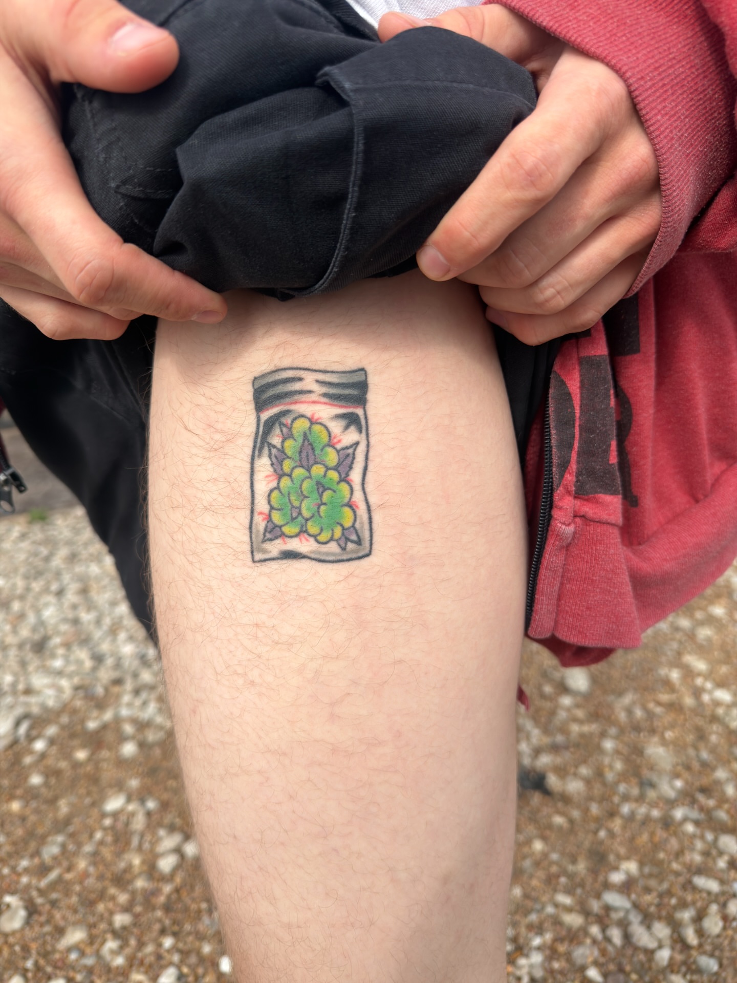 Jar of grapes American traditional tattoo on the thigh by Diego Treviño