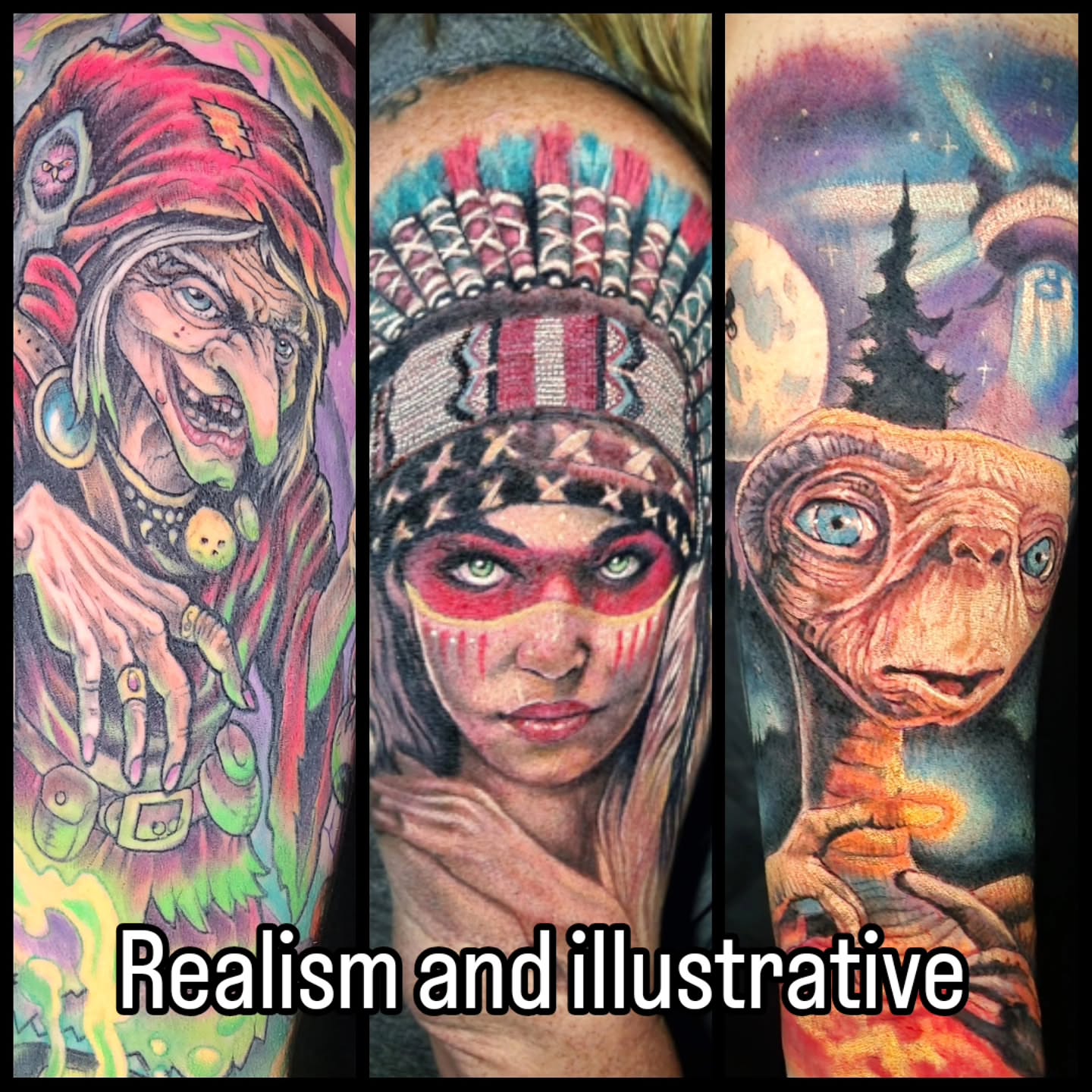 Elf, native american woman, alien realism tattoo on the upper arm by Chris Bowen