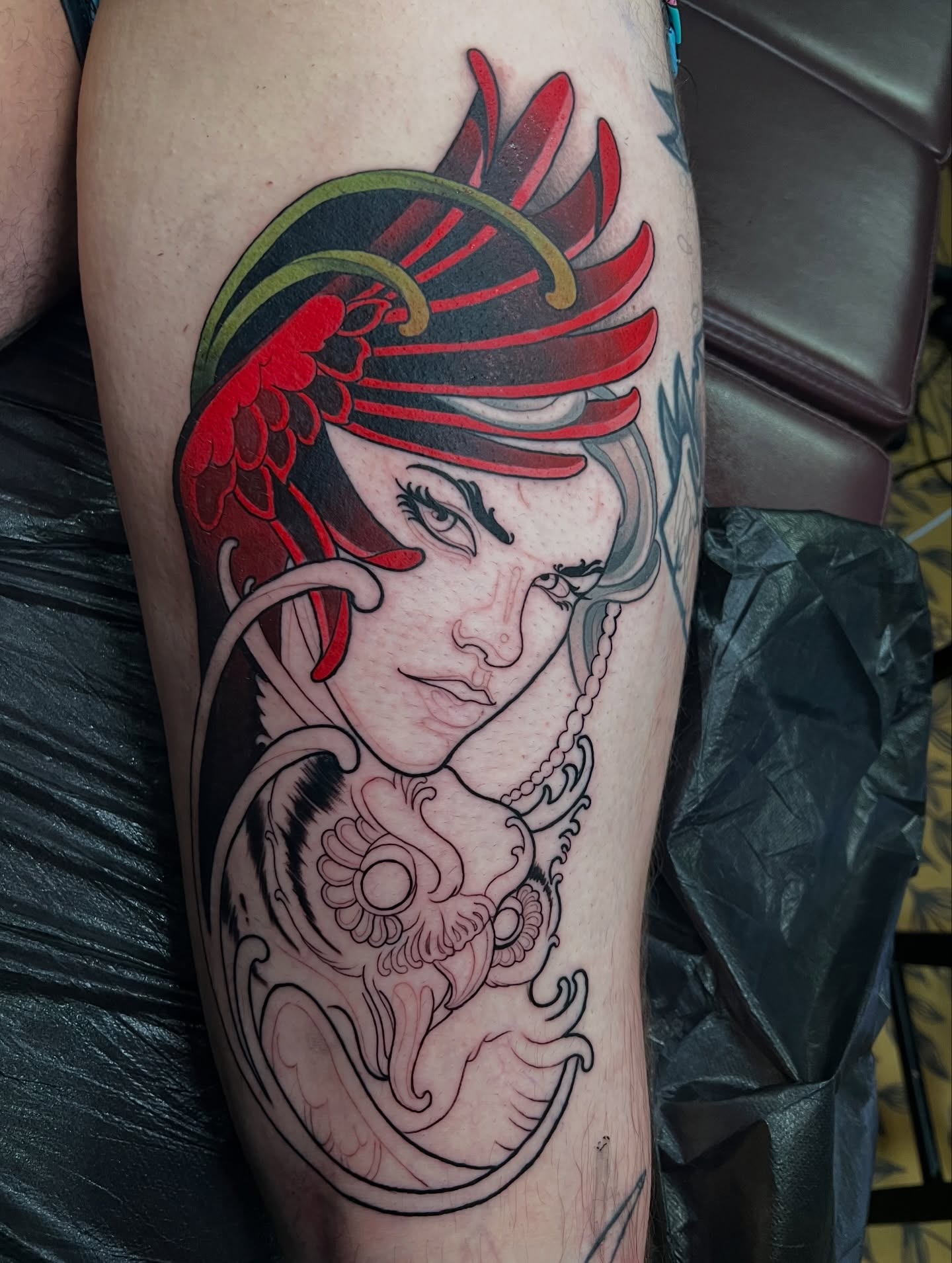 Woman with headdress japanese irezumi tattoo on the thigh by Skyler Miller