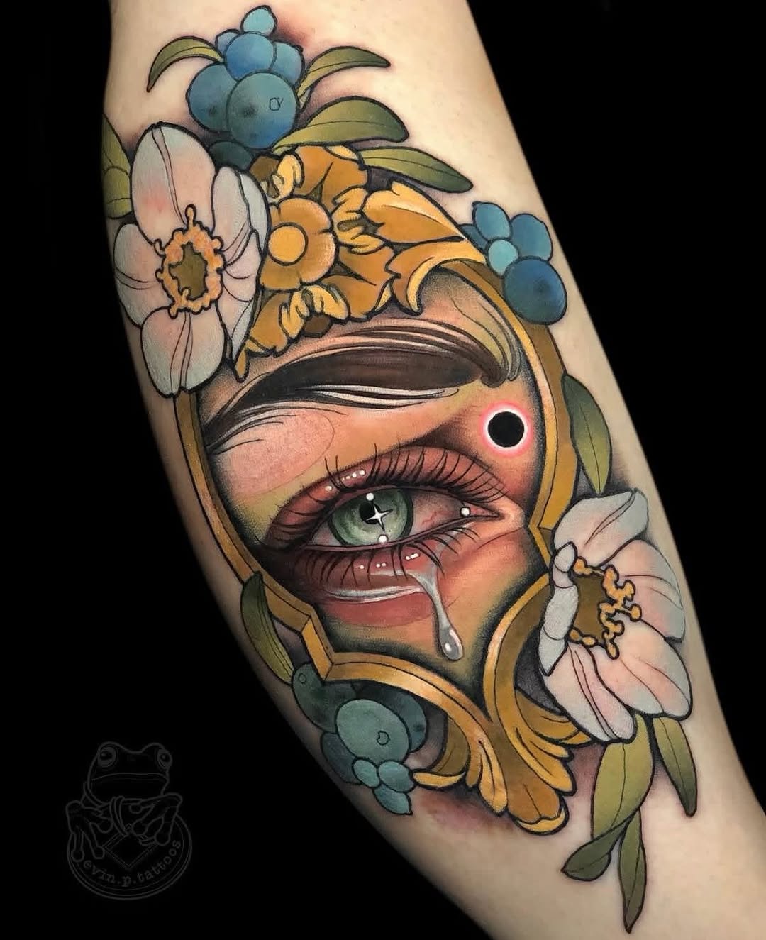 Neo-traditional tattoo on the forearm by Evin Pfaff, Bedford, Pennsylvania