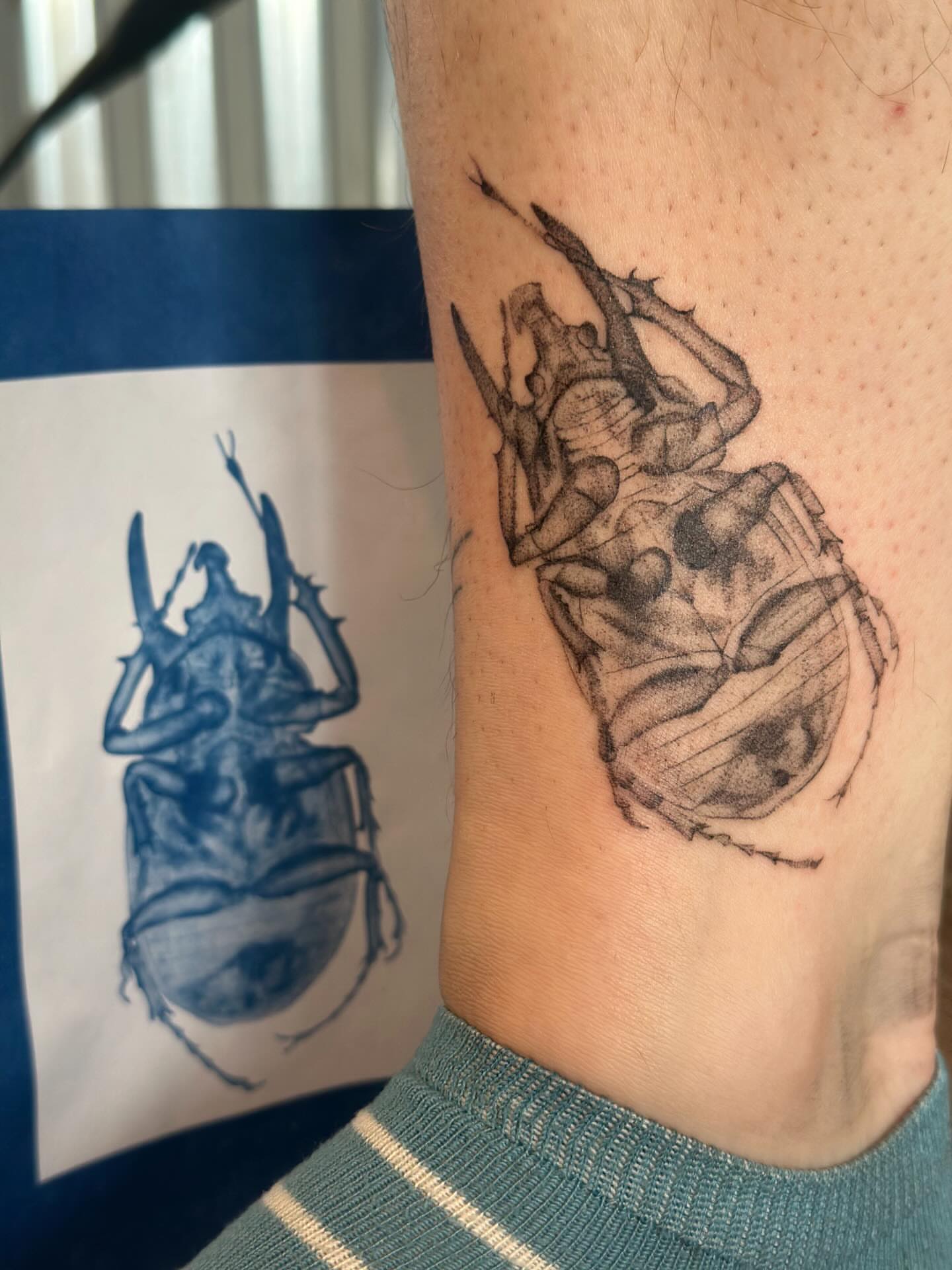 Scarab beetle black and grey tattoo on the forearm by sara scak, Lakewood, Ohio