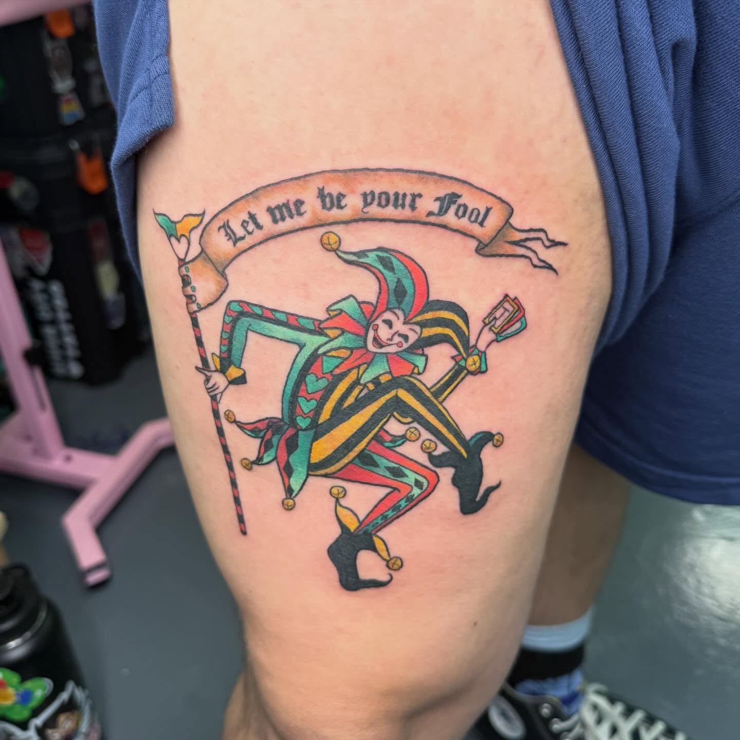 Jester American traditional tattoo on the thigh by Bry