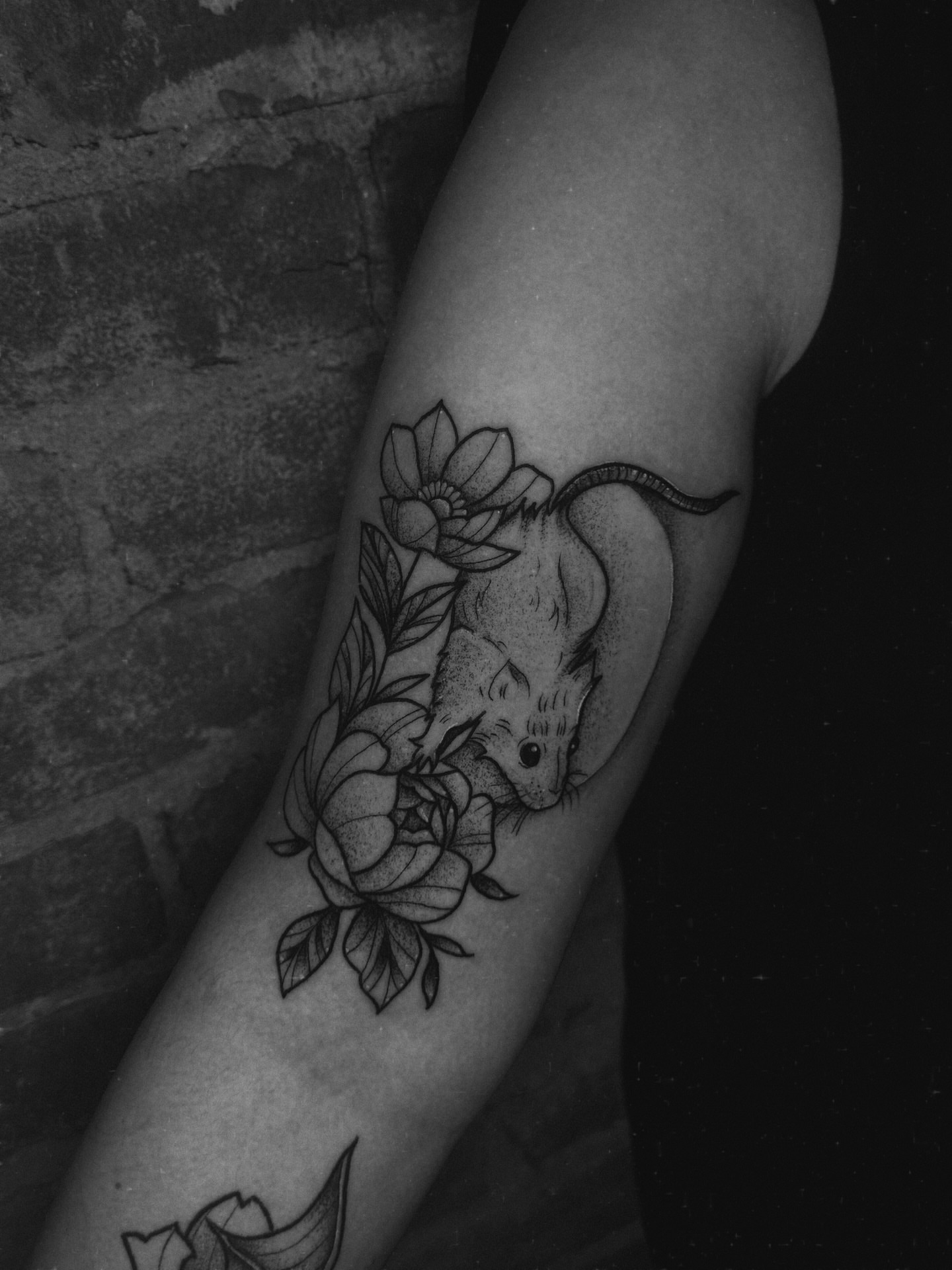 Mouse and flowers dotwork tattoo on the forearm by E L I Z A H B e T H H D e S I G N S