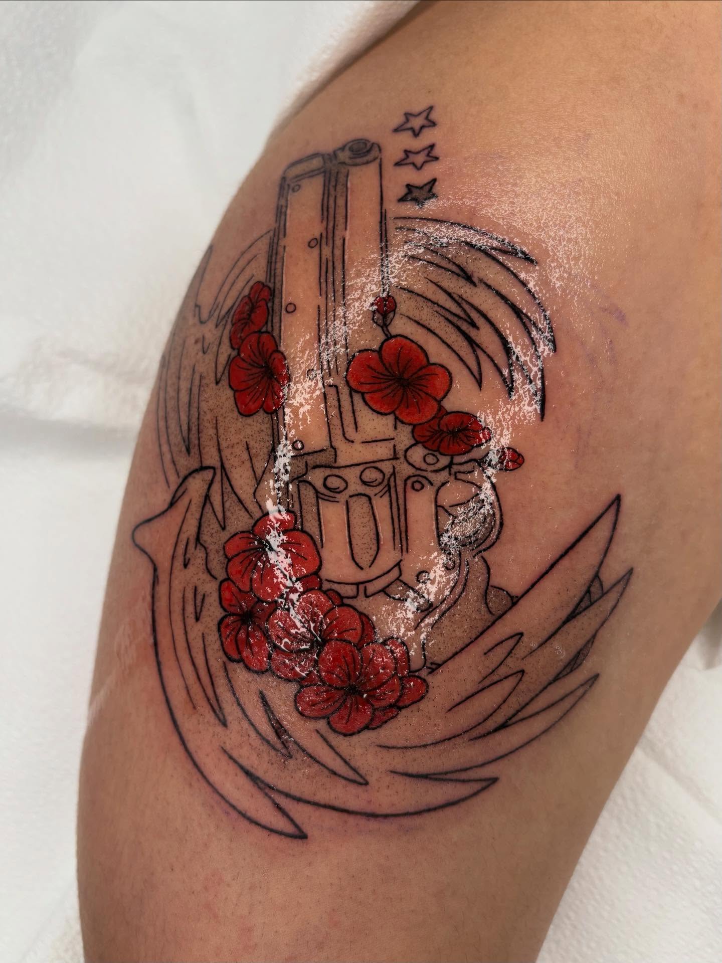 Cherry blossoms and piano American traditional tattoo on the shoulder by mia aka chuu (◕ ˬ ◕ ✿)