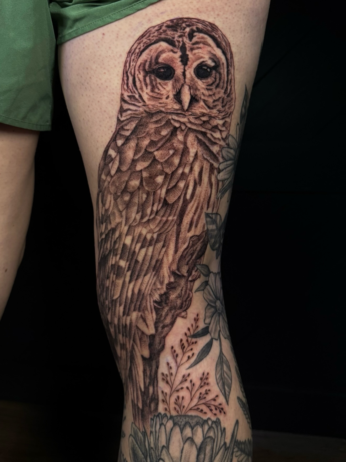 Owl realism tattoo on the thigh by Alyssa Fazzino ⟡ CT Tattoo Artist, Rocky Hill, Connecticut