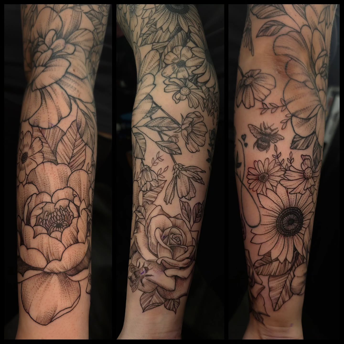 Floral bouquet dotwork tattoo on the forearm by Ian Duncanson