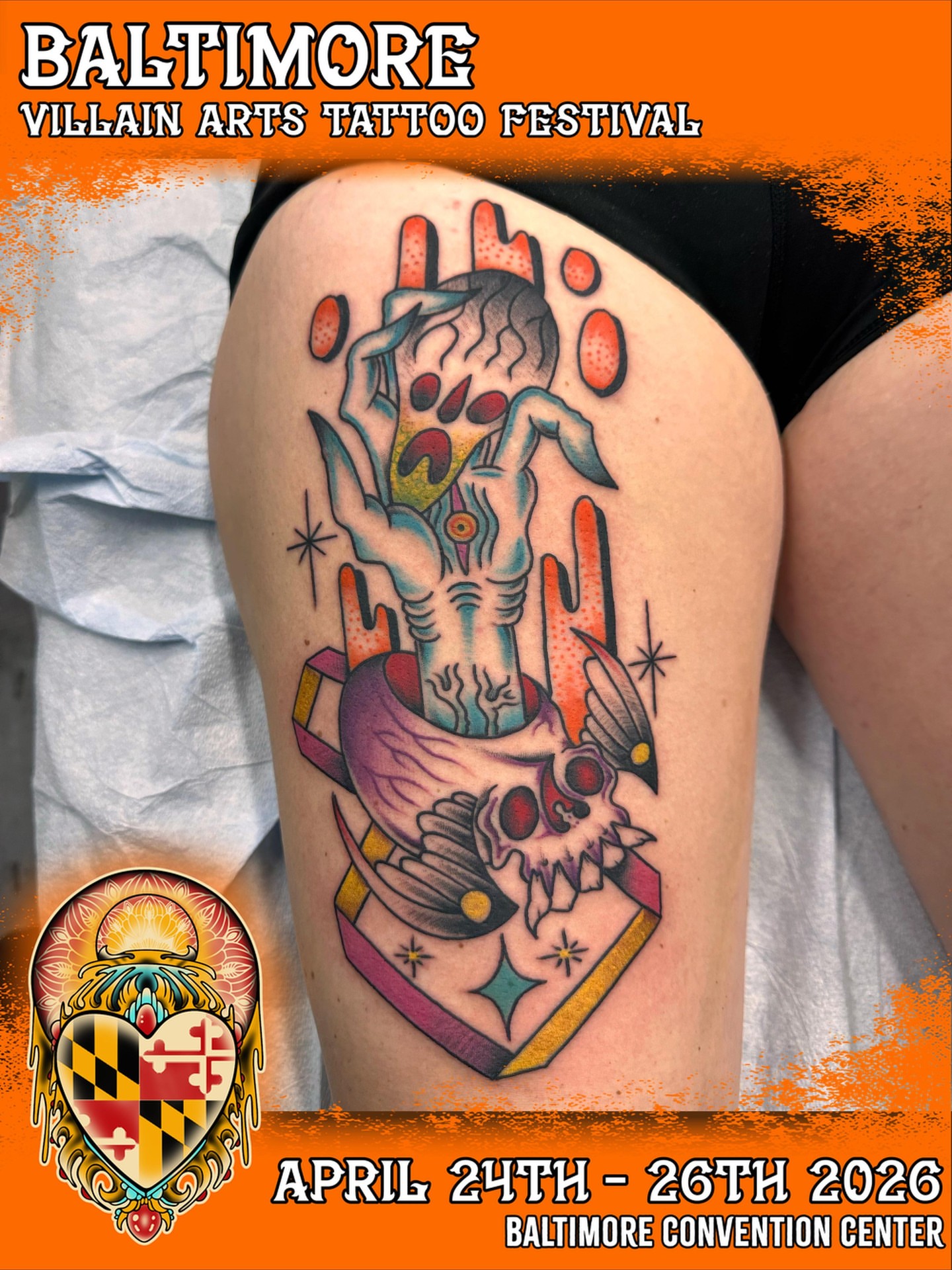 Skull and hand American traditional tattoo on the thigh by Fil Ponte