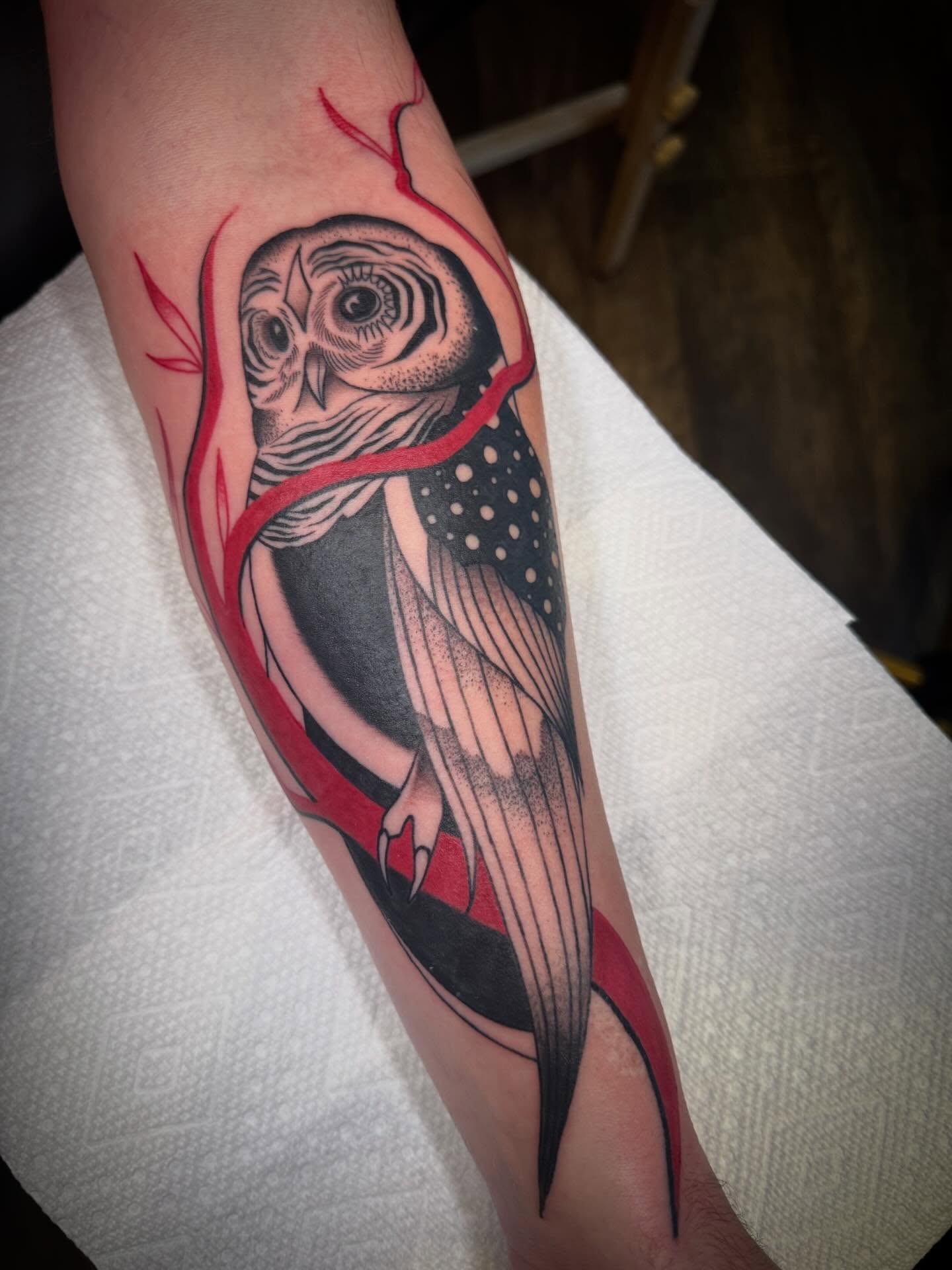 Owl dotwork tattoo on the forearm by Paul Giovis
