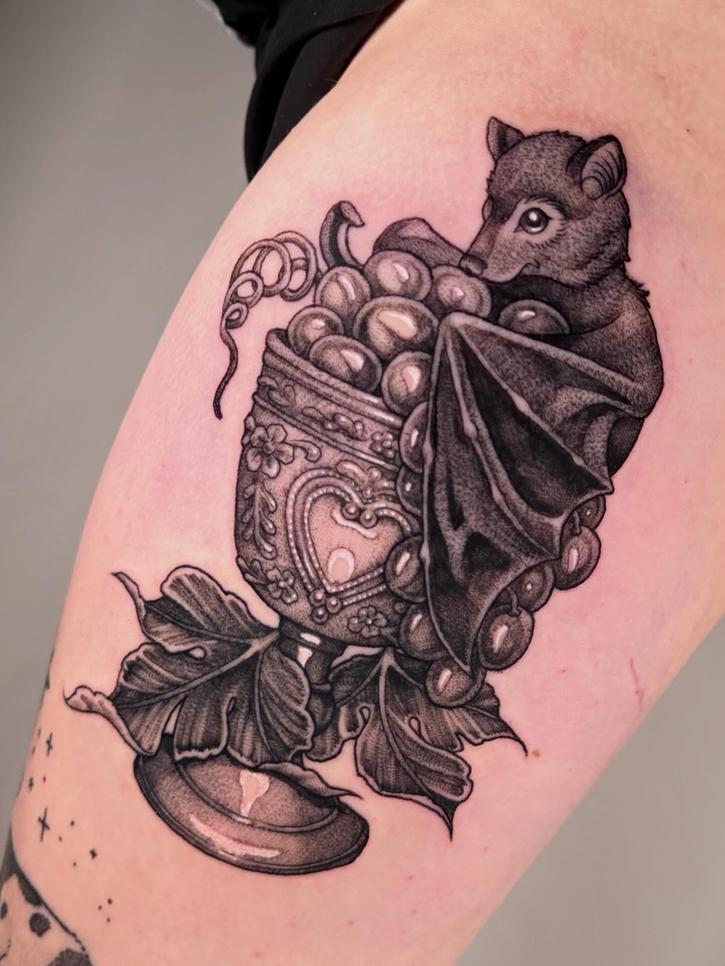 Fox and grapes realism tattoo on the thigh by leanna patterson, Ruston, Louisiana