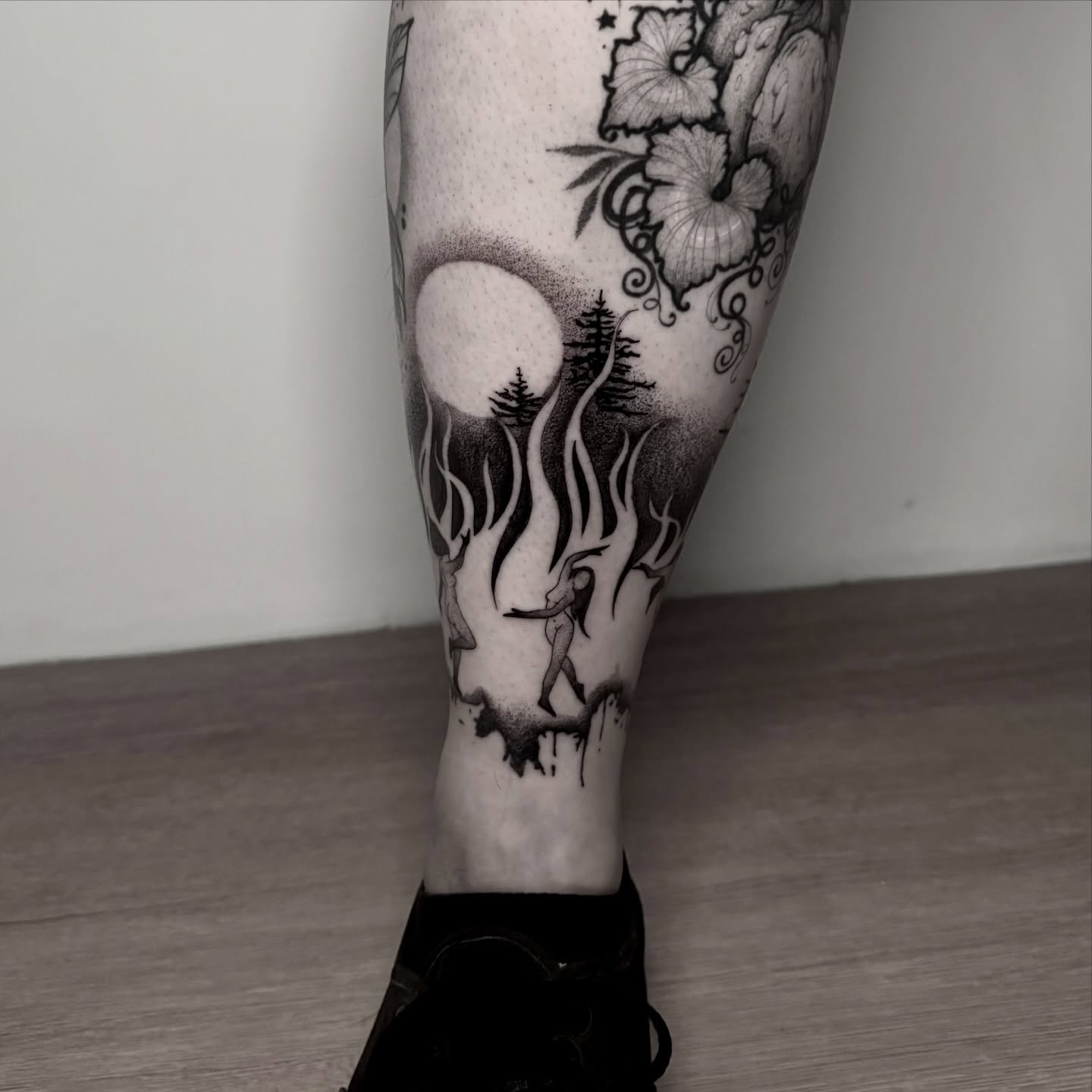 Forest and moon dotwork tattoo on the calf by ɪᴠᴏɴɴᴇ