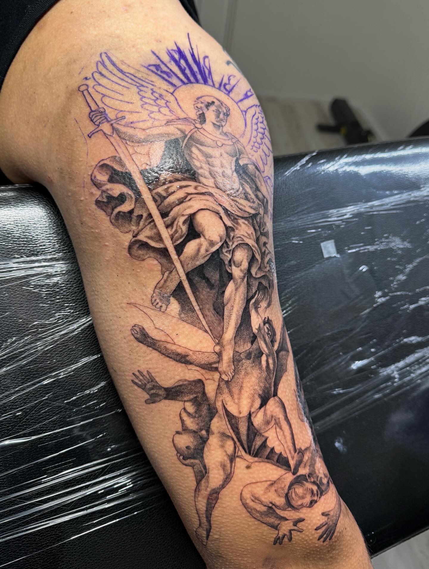 Angel with sword realism tattoo on the forearm by Alyssa . Villela