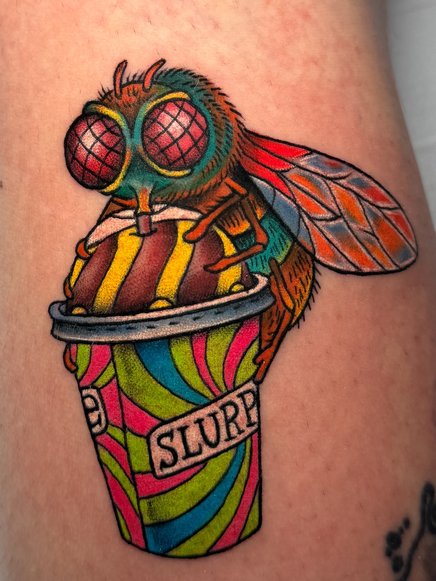 Bee drinking slurp American traditional tattoo on the thigh by Tattoo Artist Los Angeles