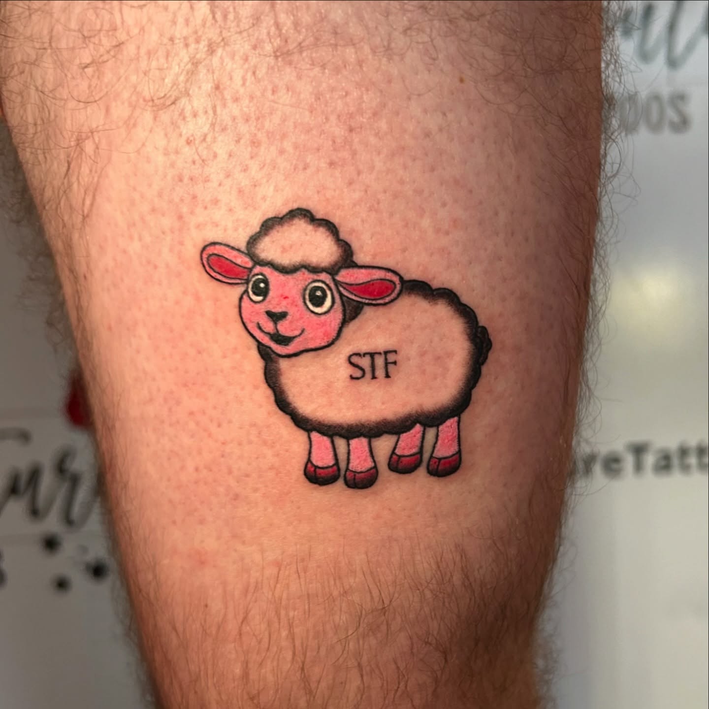 Sheep illustrative tattoo on the thigh by Tess