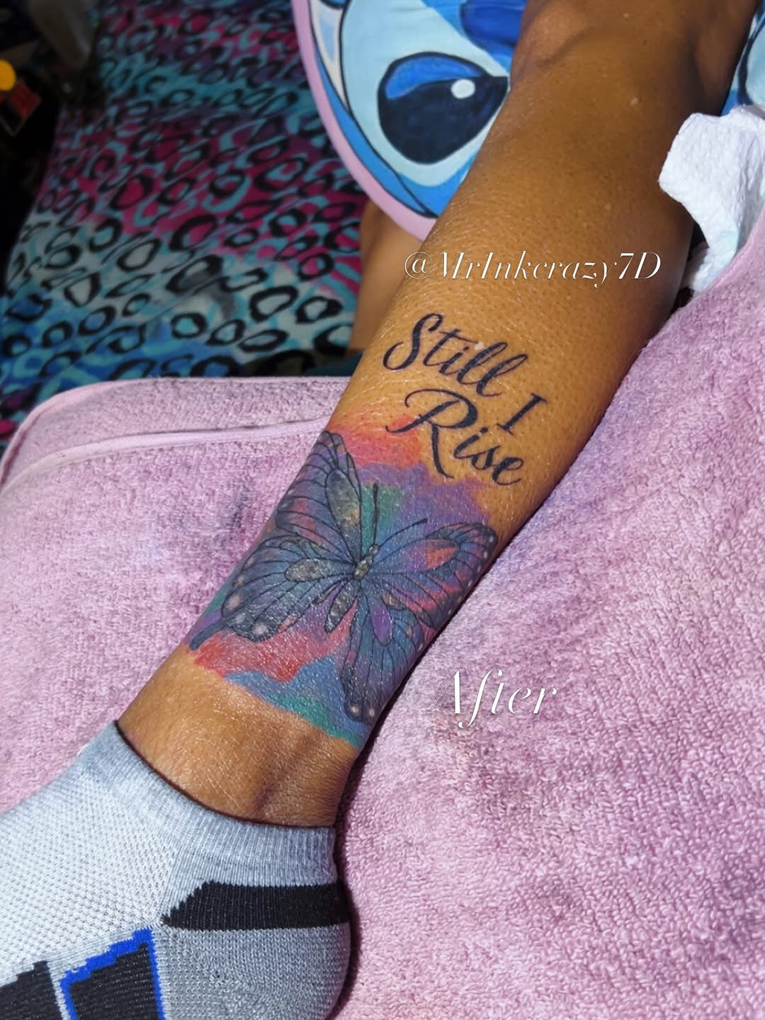 Butterfly and lettering tattoo on the forearm by Deangelo Inkcrazy Dukes
