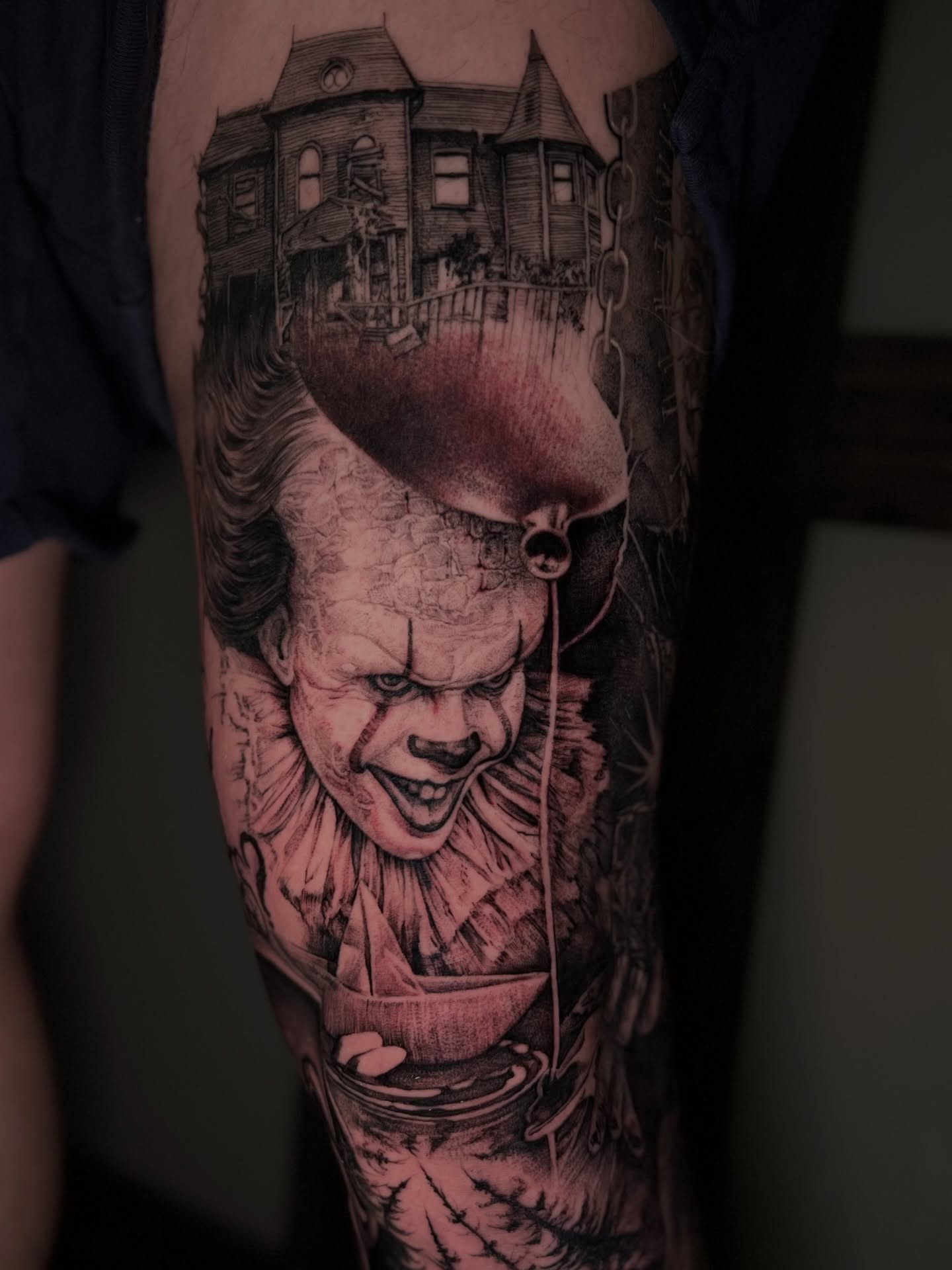 Pennywise the Clown realism tattoo on the forearm by Dominick Cali, East Islip, New York