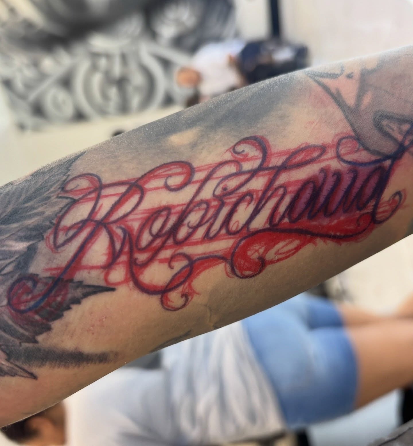 Script lettering lettering script tattoo on the forearm by Cristiano Ochoa, Elk Grove, California
