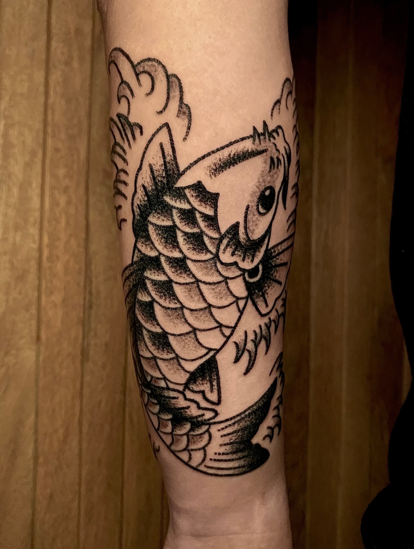 Cat American traditional tattoo on the forearm by Daniel Diego