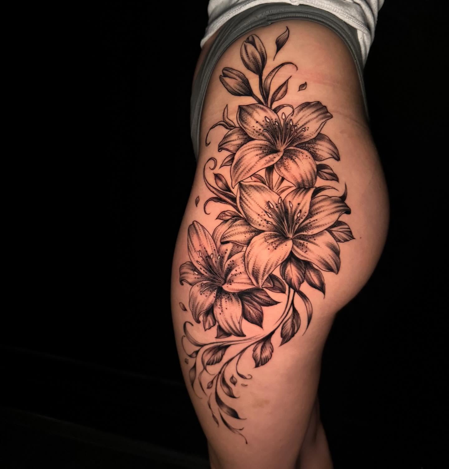 Lilies black and grey tattoo on the thigh by ☆ LULU ☆ Licence No. 108595
