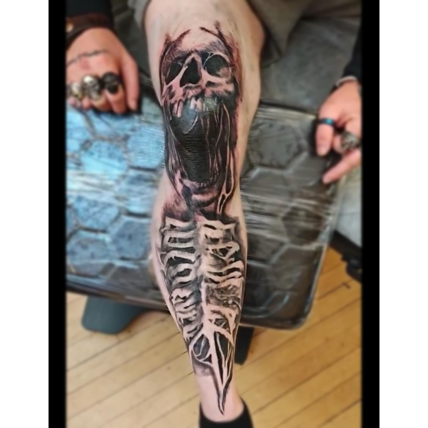 Skull and ribcage realism tattoo on the forearm by Sebastiana