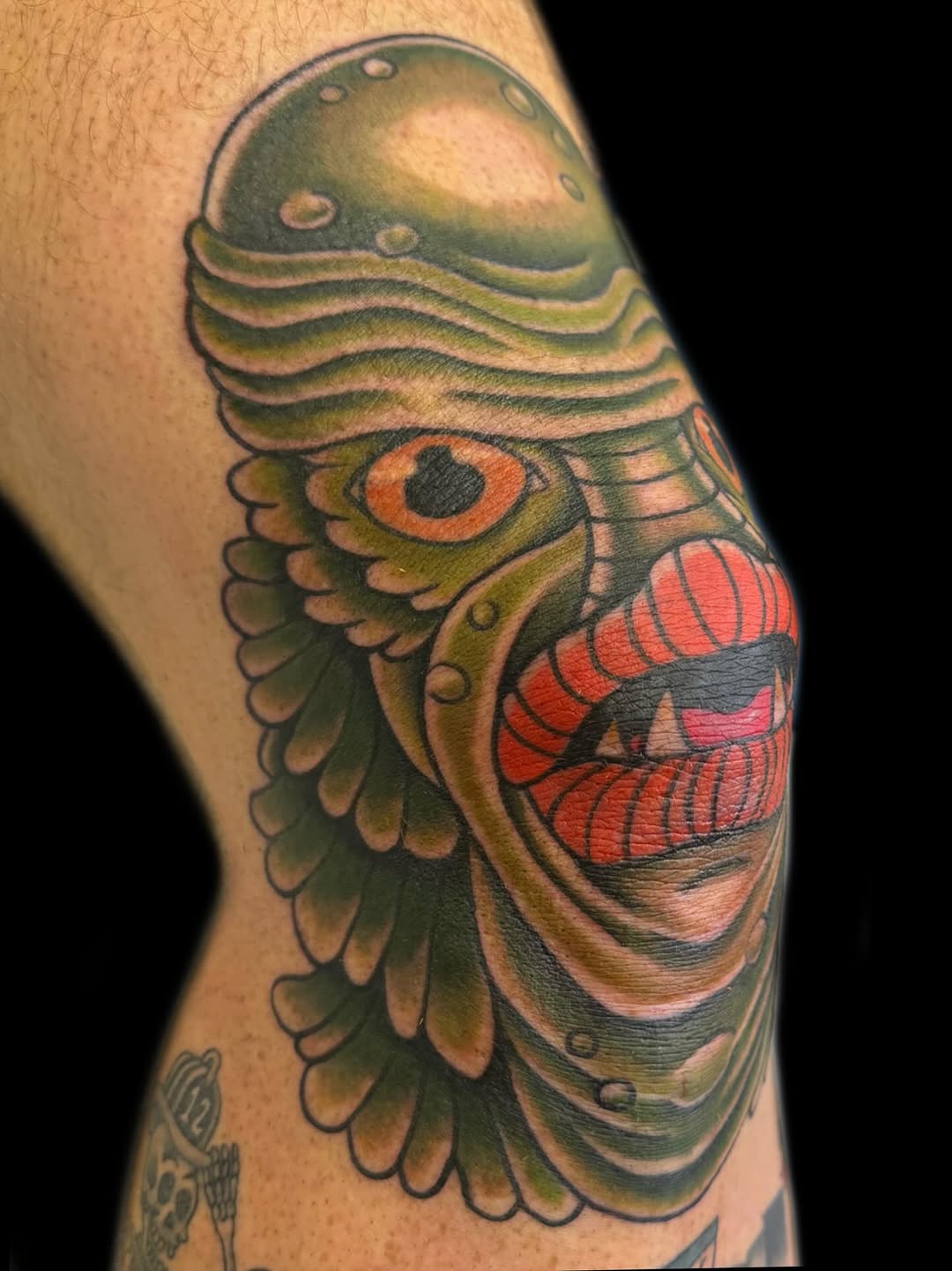 Creature from the Black Lagoon neo-traditional tattoo on the forearm by Meghan Schader 🦩🐊