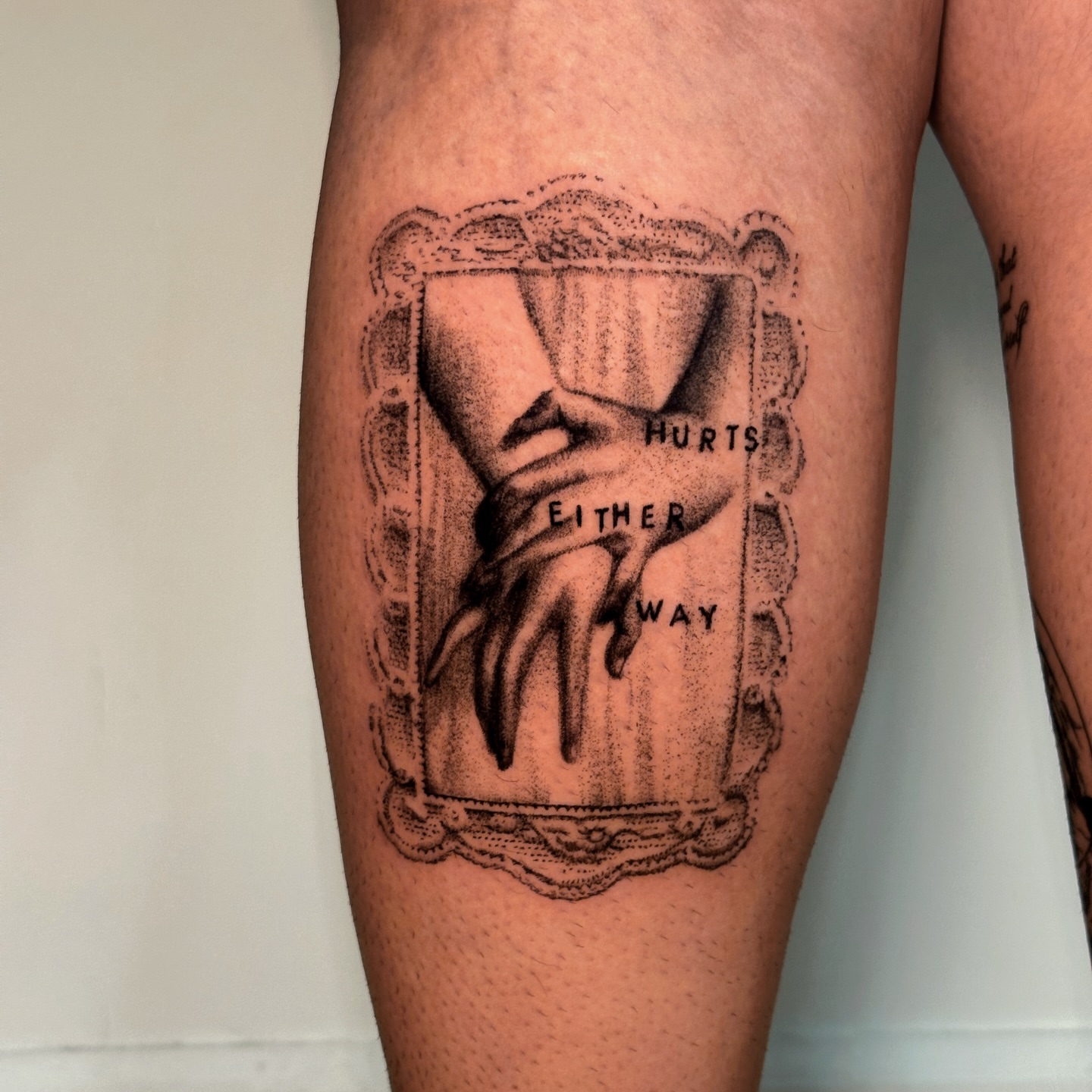Hourglass dotwork tattoo on the thigh by kale