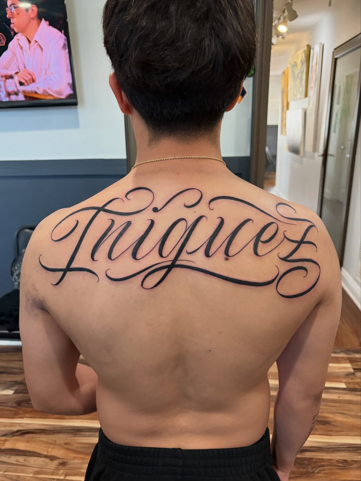 Script lettering lettering script tattoo on the back by Blake