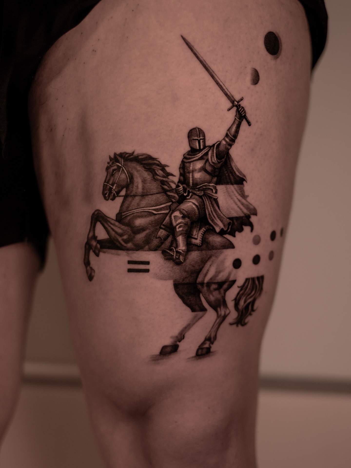 Knight on horseback realism tattoo on the thigh by Mark D, Los Angeles, California