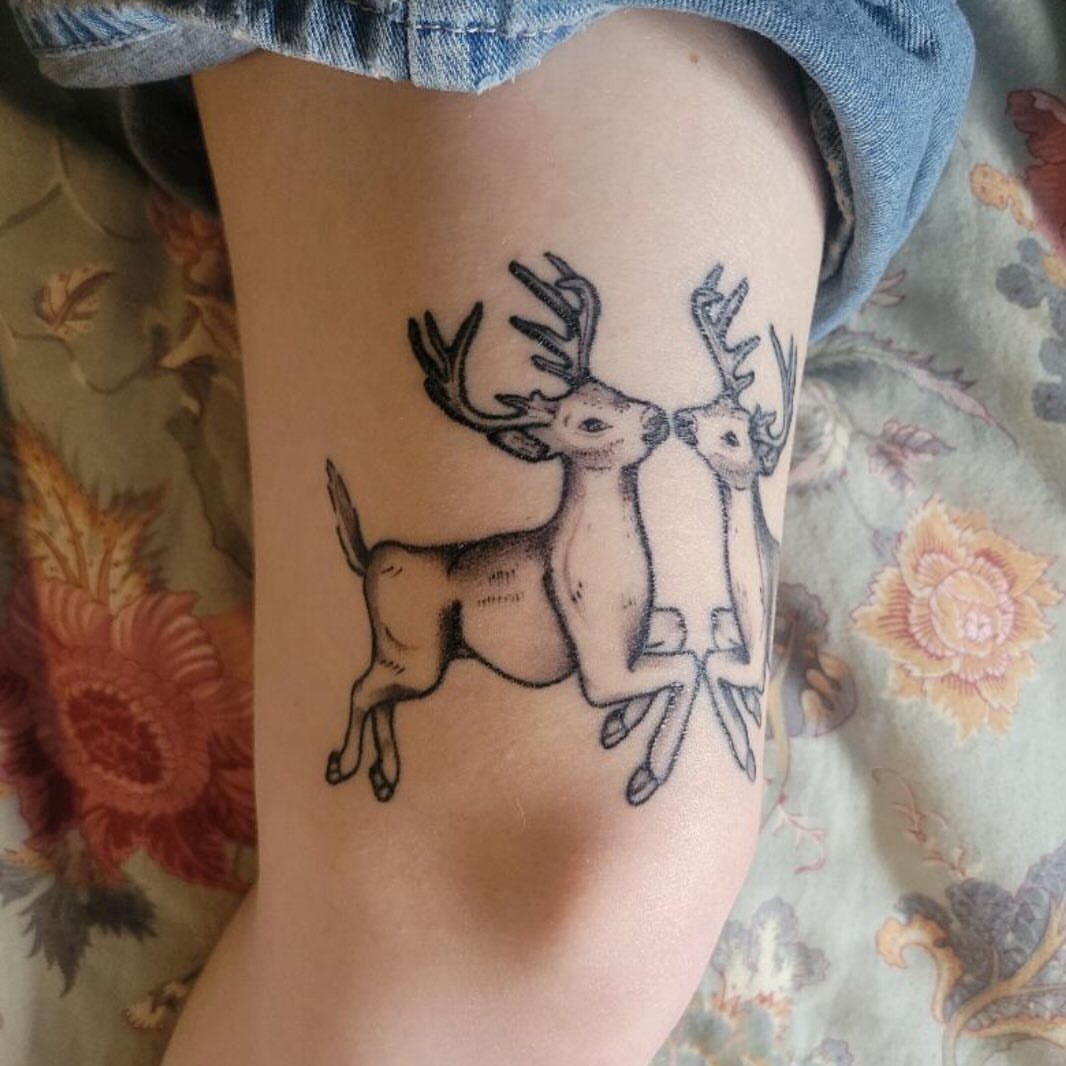 Deer black and grey tattoo on the thigh by Molly Dixon