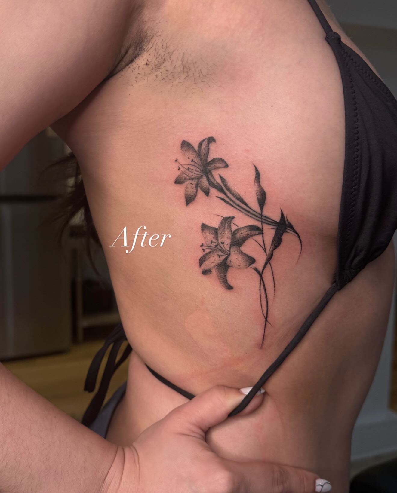 Lilies black and grey tattoo on the ribs by 🗡Addie Kat🗡
