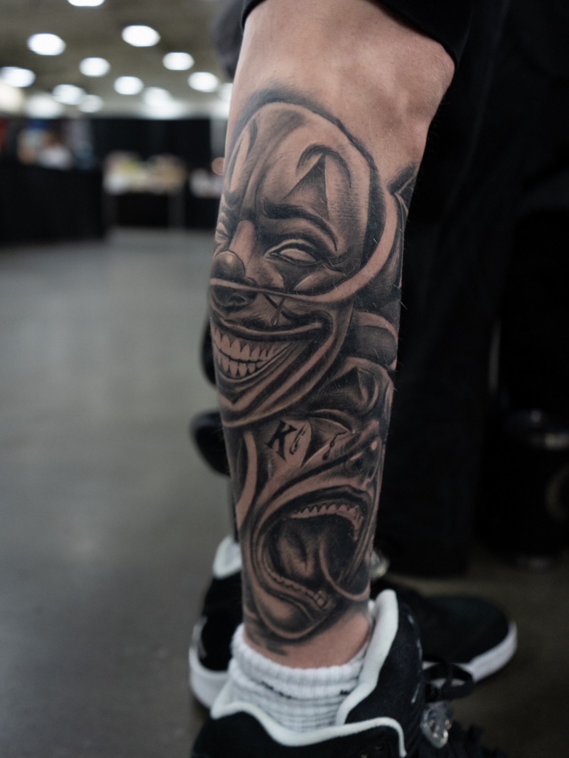 Clown mask realism tattoo on the forearm by Martin Melendrez