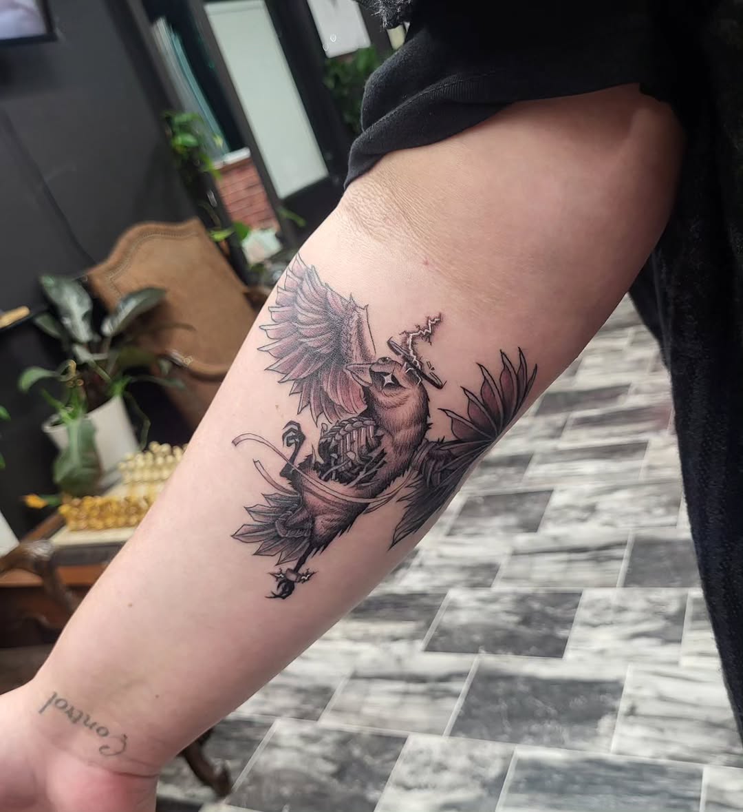 Mechanical bird fine line tattoo on the forearm by TEA ☕️ Tattoos
