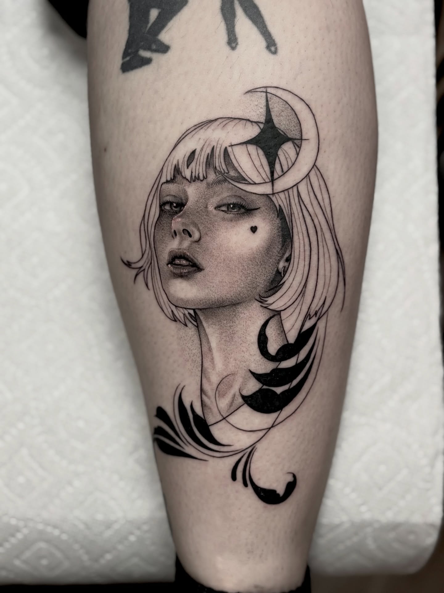 Portrait dotwork tattoo on the forearm by Bryan