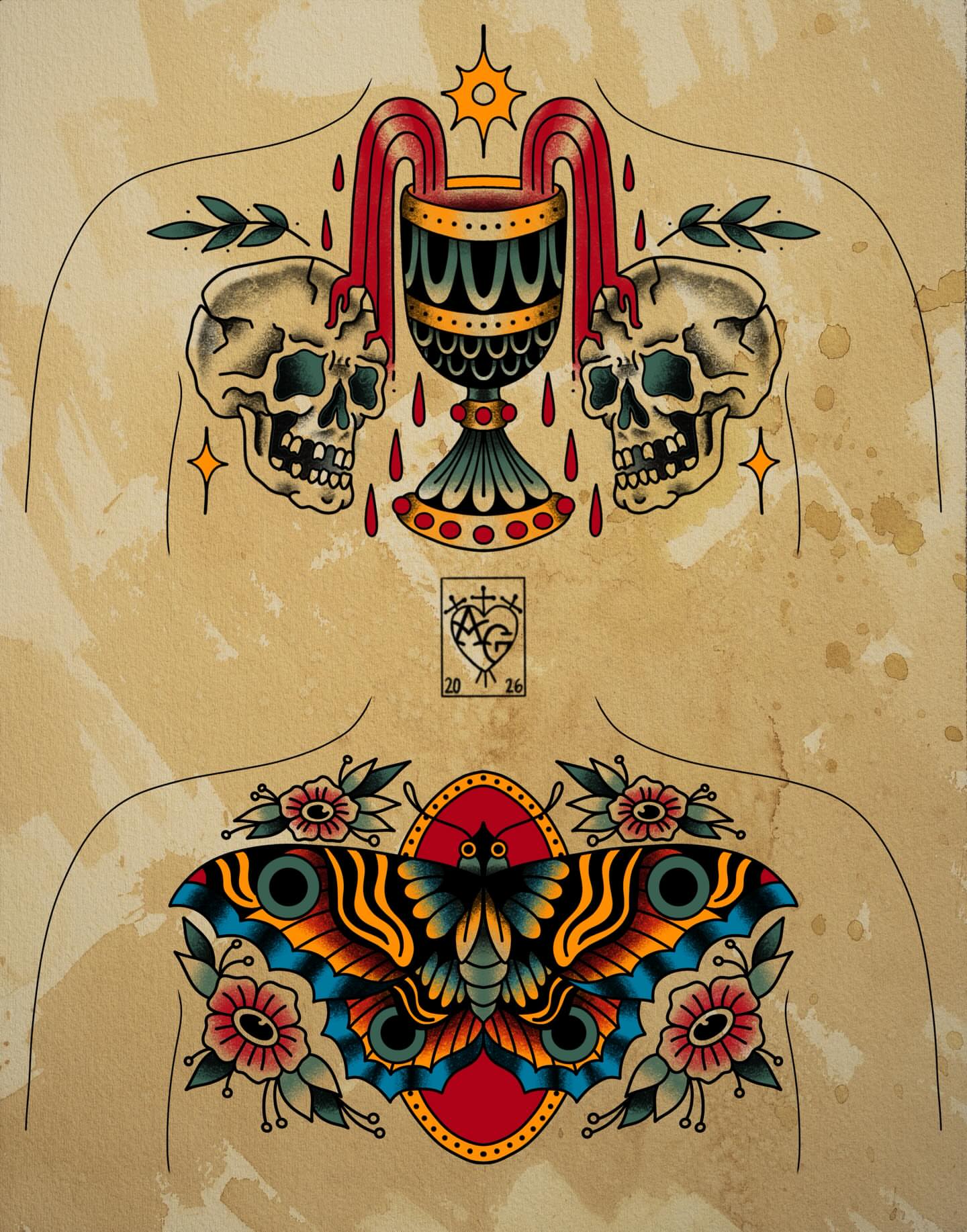 Skulls and chalice American traditional tattoo on the back by Alex Green, Nashville, Tennessee