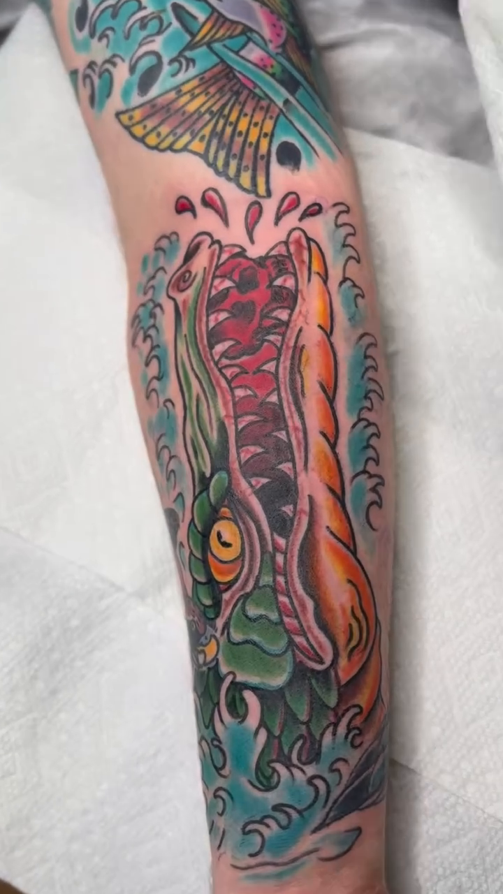 Alligator and koi fish japanese irezumi tattoo by Eric James, Columbus, Ohio
