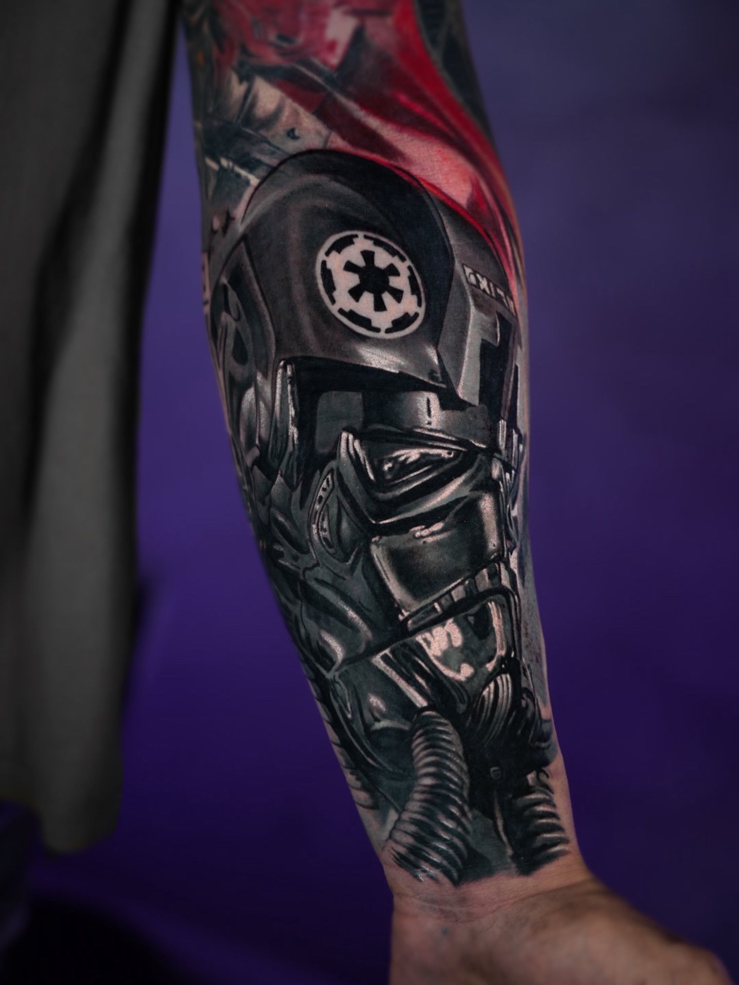 Stormtrooper helmet realism tattoo on the forearm by Bailey Lemus