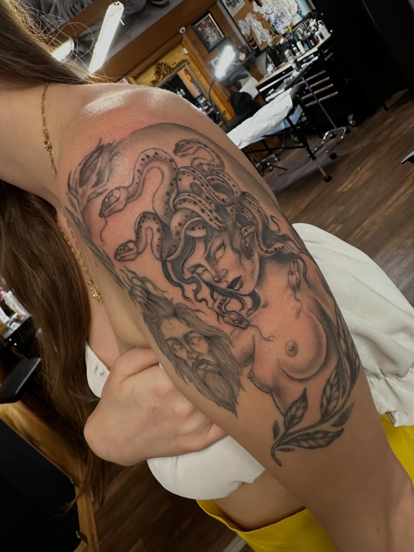 Medusa black and grey tattoo on the shoulder by Michele Estes