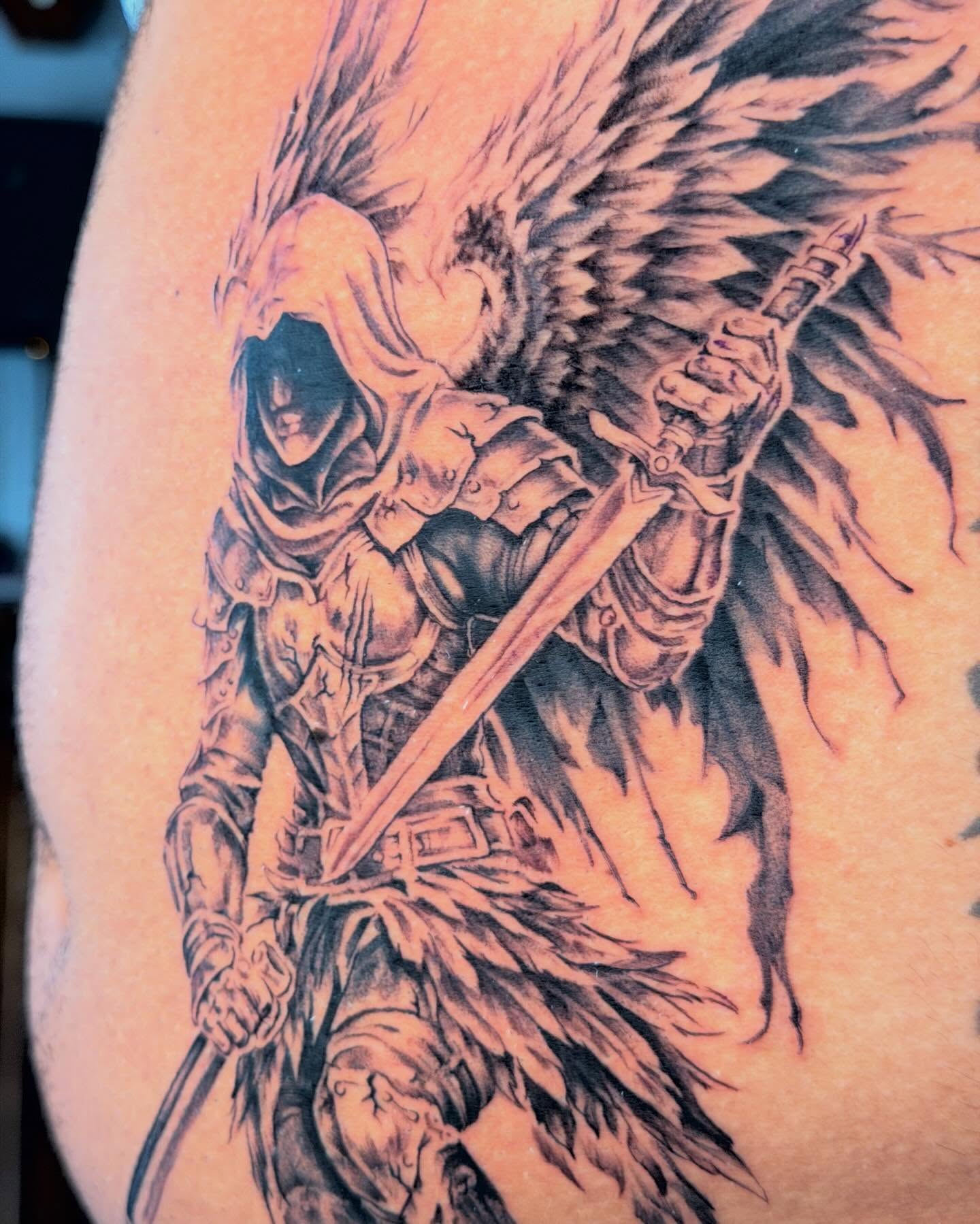 Demon warrior dark realism tattoo on the thigh by James Nelson
