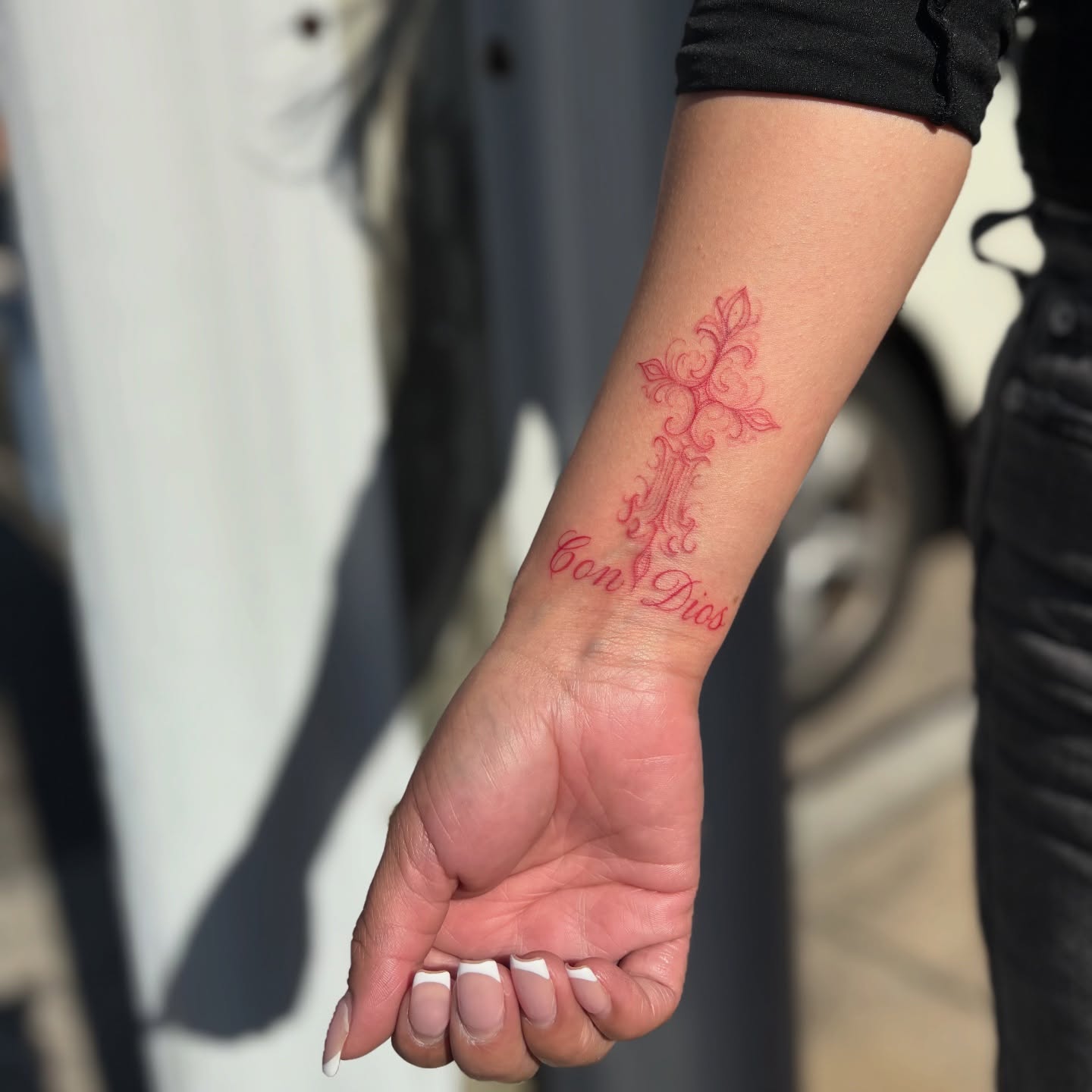 Cross with floral ornamentation ornamental tattoo on the forearm by @_frankyvee