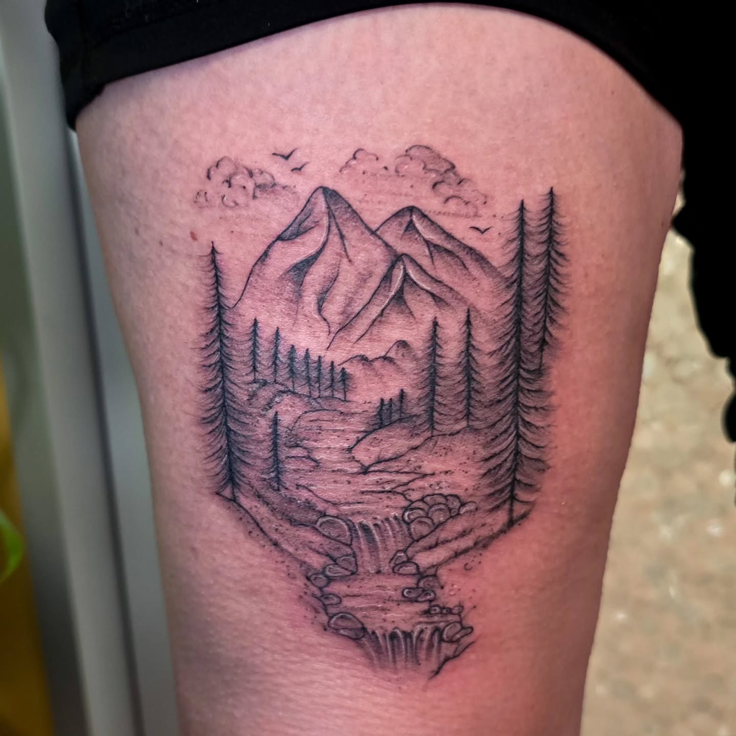Mountain landscape realism tattoo on the thigh by Hope 🌙, Cincinnati