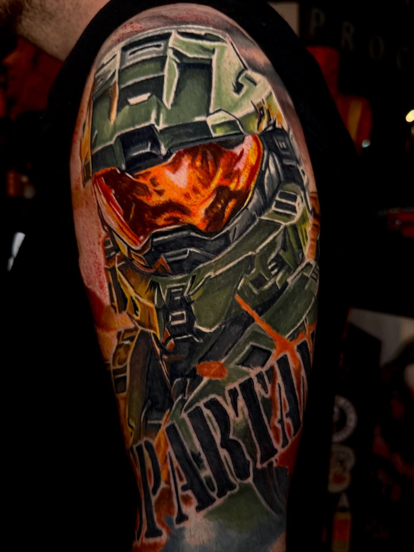 Master chief helmet realism tattoo on the forearm by Scott Pizer