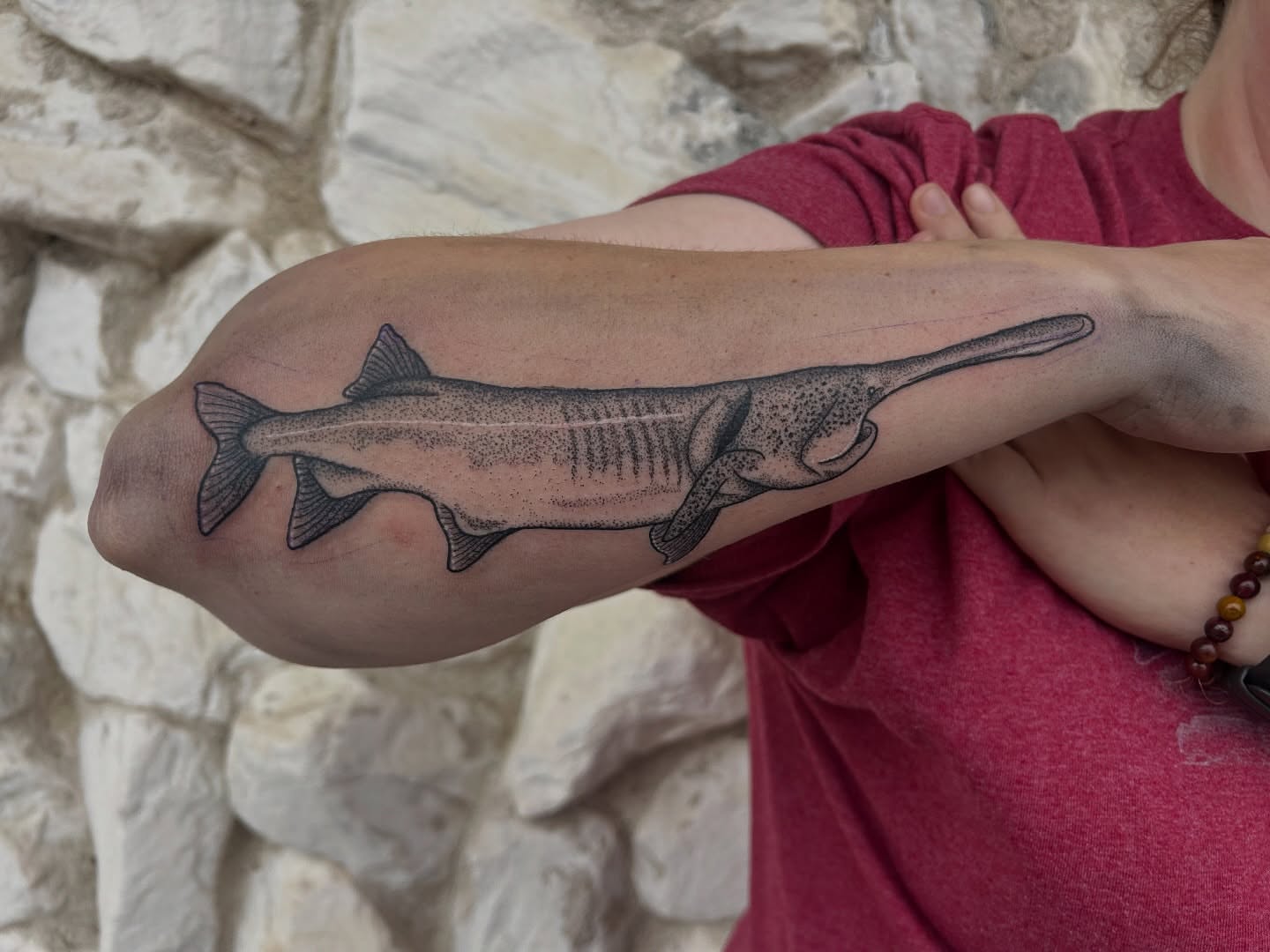 Sturgeon dotwork tattoo on the forearm by 𝔎𝔞𝔱𝔦𝔢 𝔚𝔦𝔱𝔱𝔴𝔢𝔯