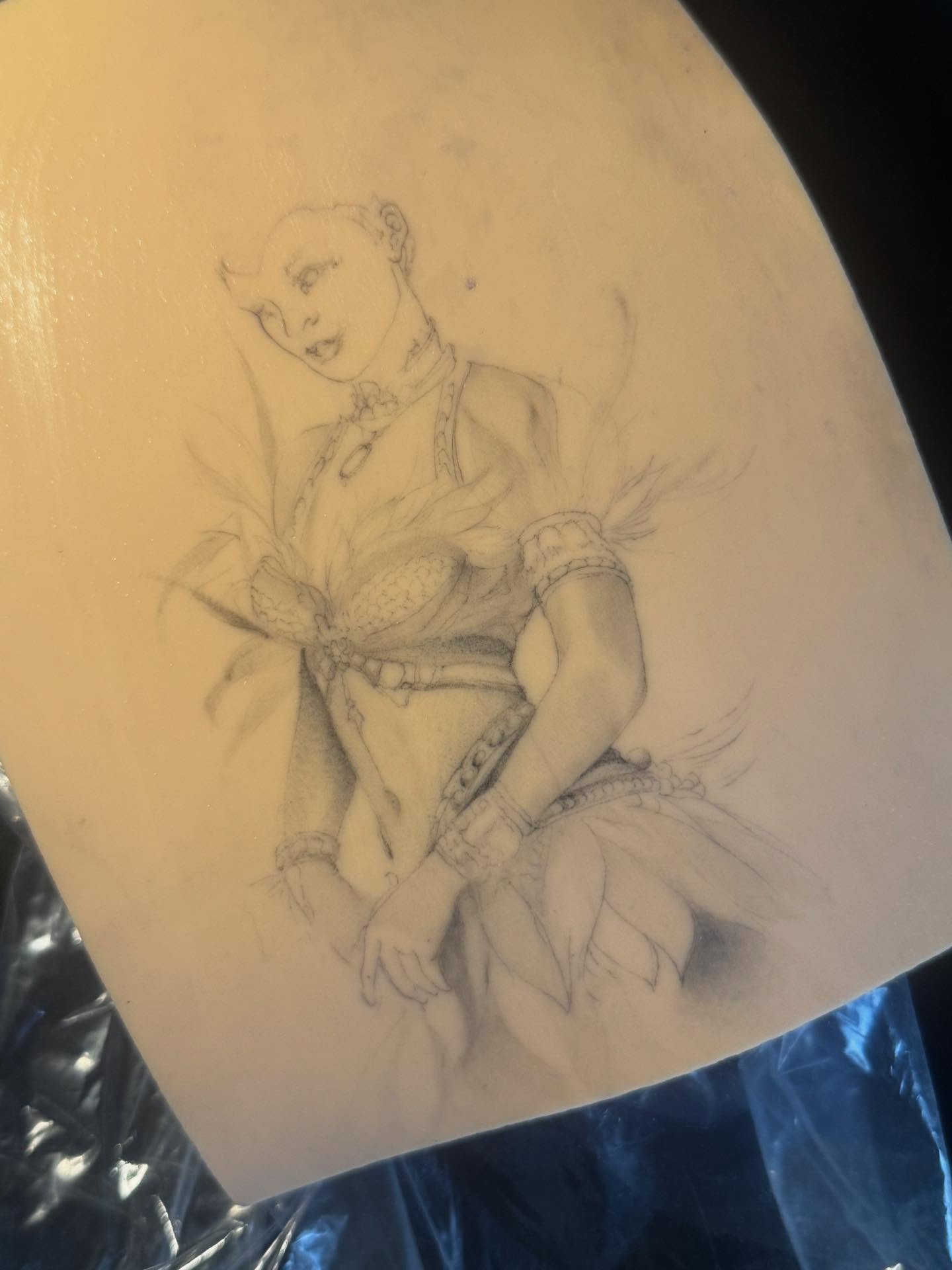 Woman in costume black and grey tattoo on the torso by Gabe